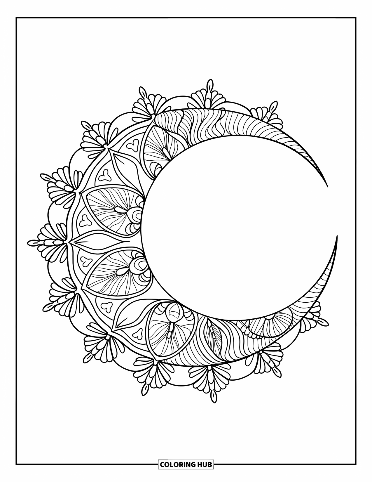 Bohemian Mandala Coloring Page for Adults: A crescent moon design with floral and starburst details across its arc
