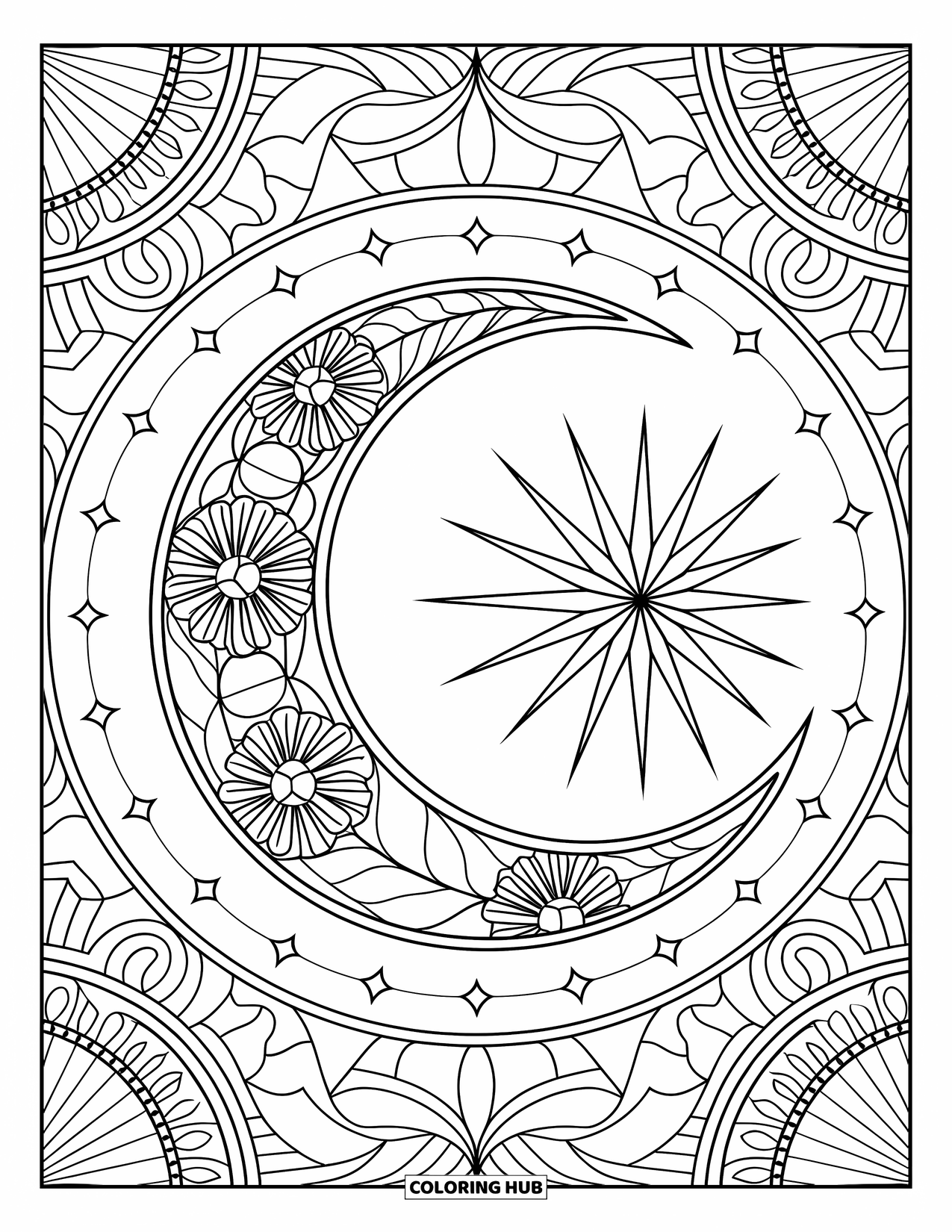 Bohemian Mandala Coloring Page for Adults: A crescent moon mandala with flowers and starbursts set in a detailed boho style
