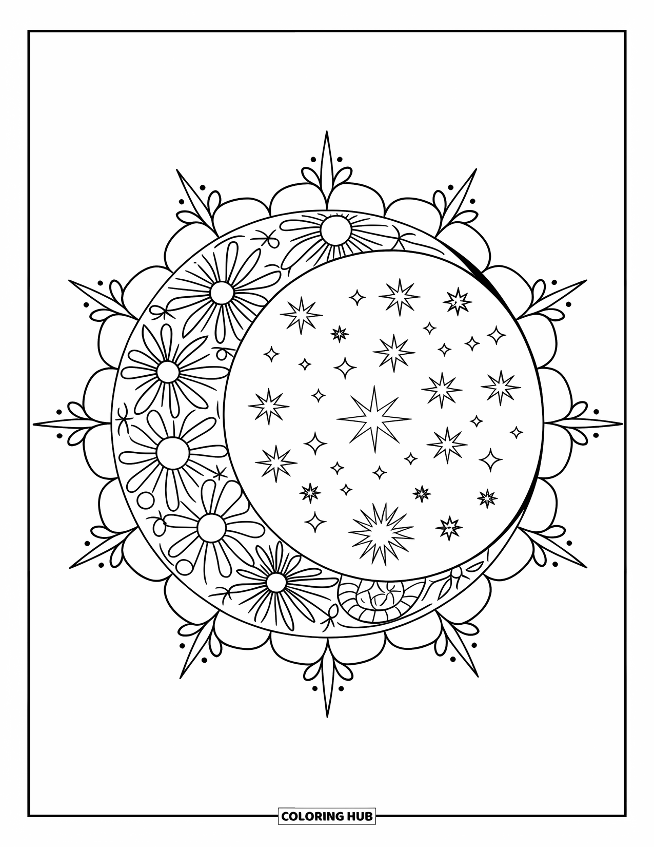 Bohemian Mandala Coloring Page for Adults: A crescent moon with floral patterns set against a starry sky