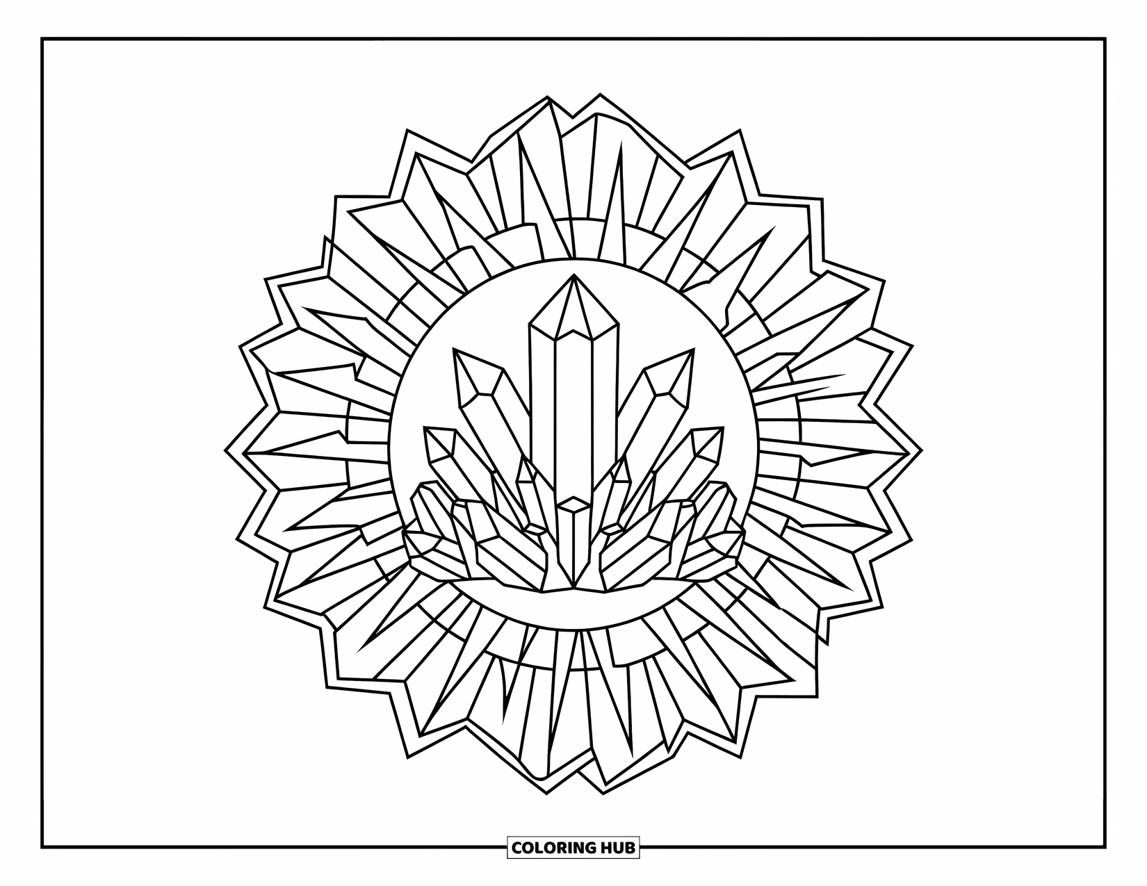 Bohemian Mandala Coloring Page for Adults: A crystal cluster sits at the center of a sharp-angled bohemian mandala
