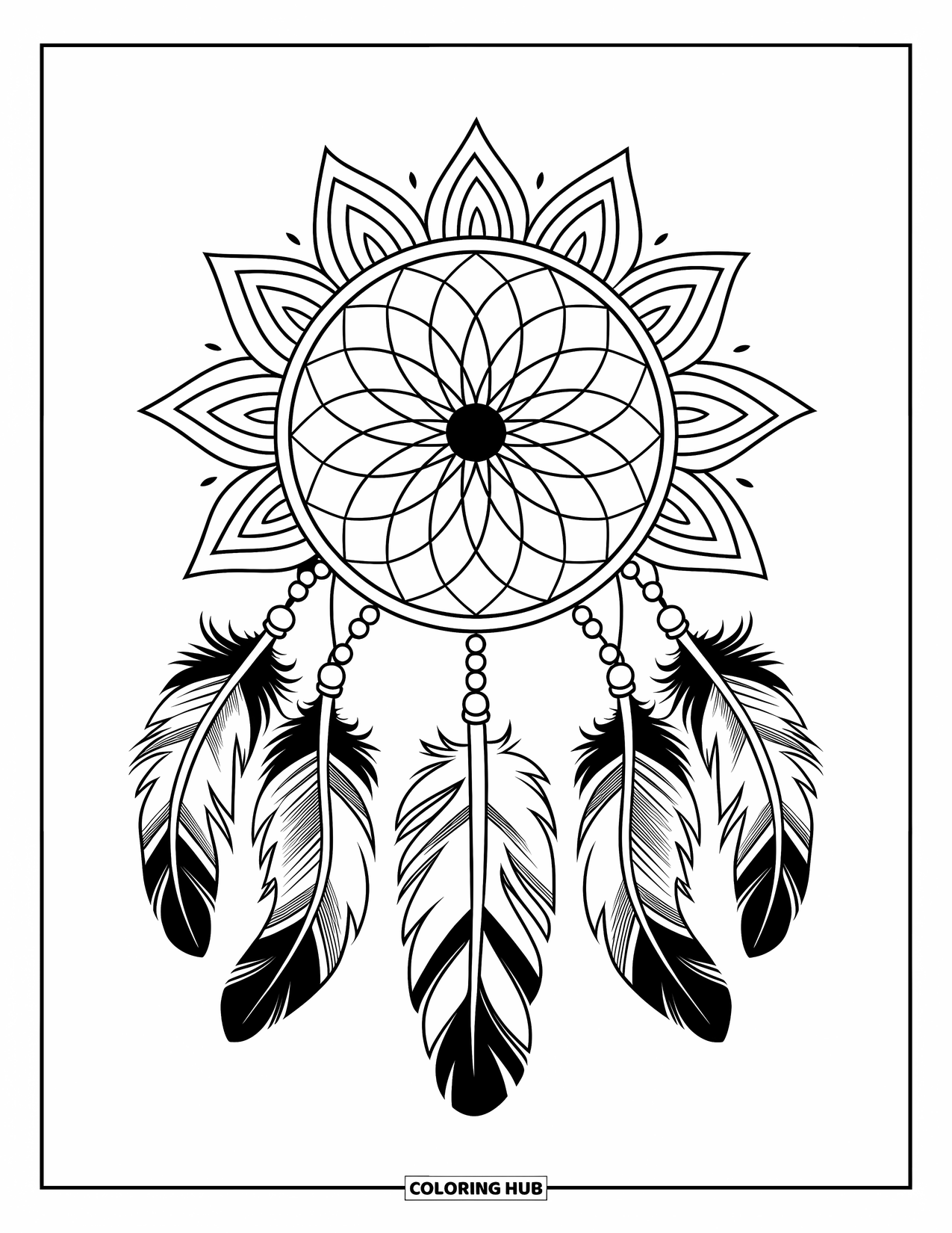 Bohemian Mandala Coloring Page for Adults: A dreamcatcher hanging from a branch with tribal mandala patterns and feathers