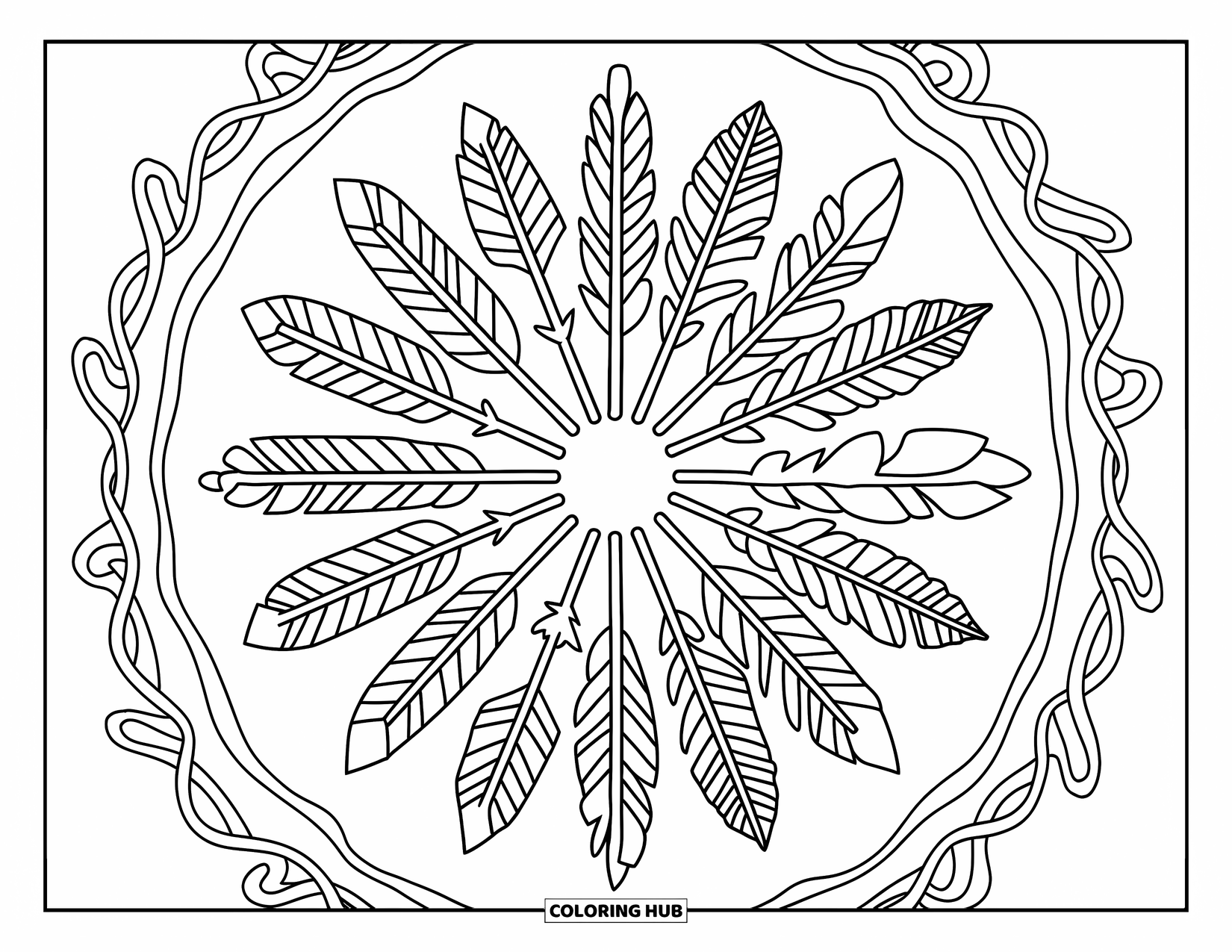 Bohemian Mandala Coloring Page for Adults: A layered mandala with arrows, feathers, and plants surrounded by flowing border lines