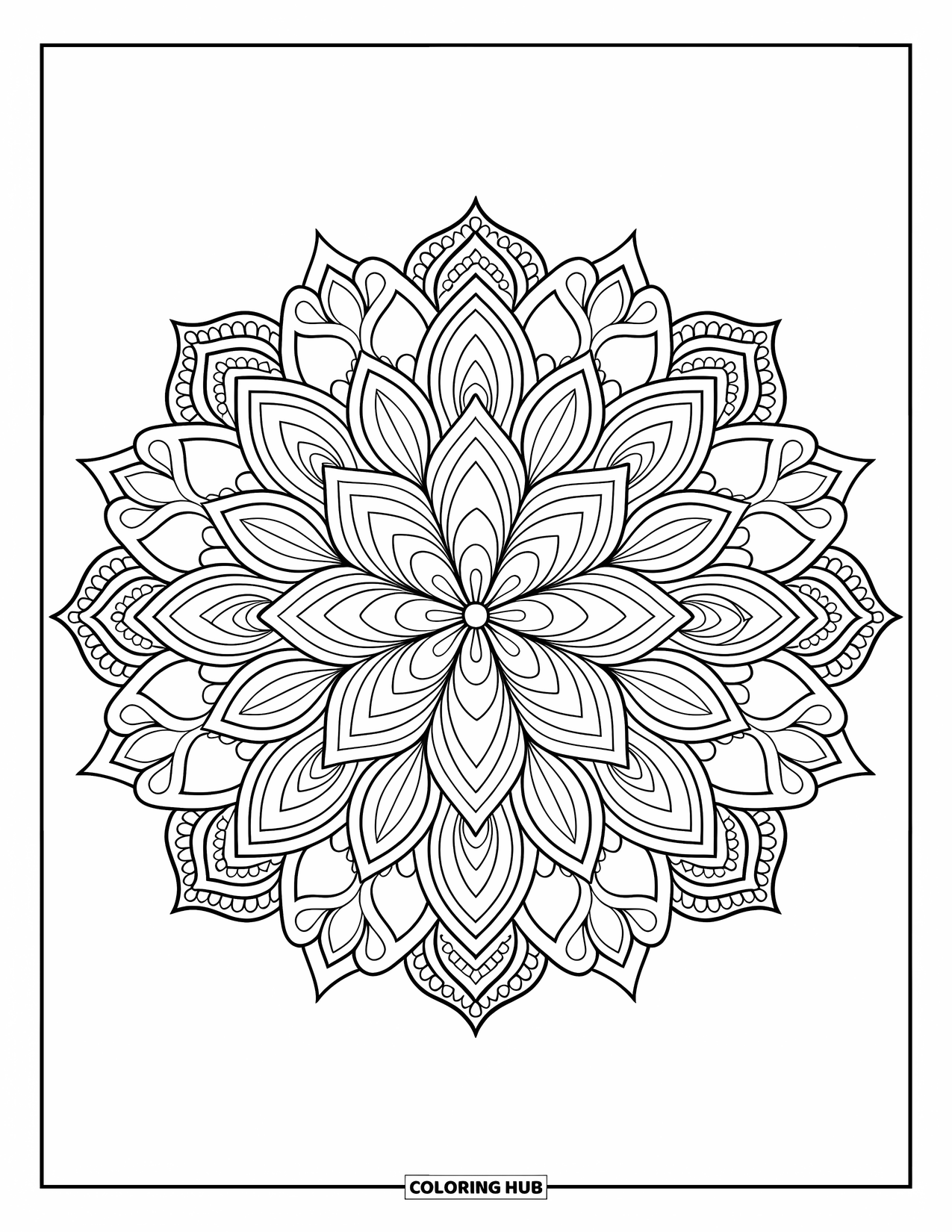 Bohemian Mandala Coloring Page for Adults: A lotus mandala with layered petals, paisley shapes, and intricate details