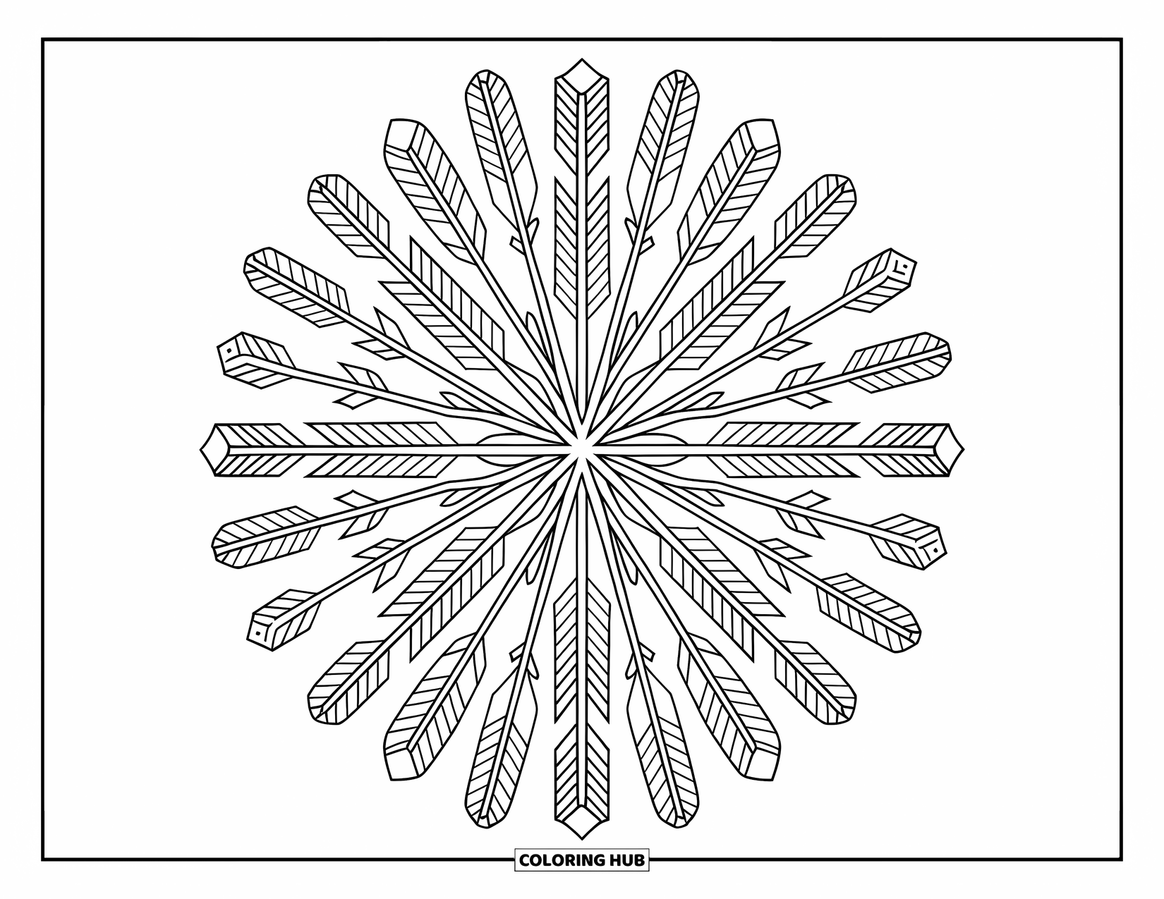 Bohemian Mandala Coloring Page for Adults: A mandala with arrows, feathers, and plant stems arranged in a calming circular design