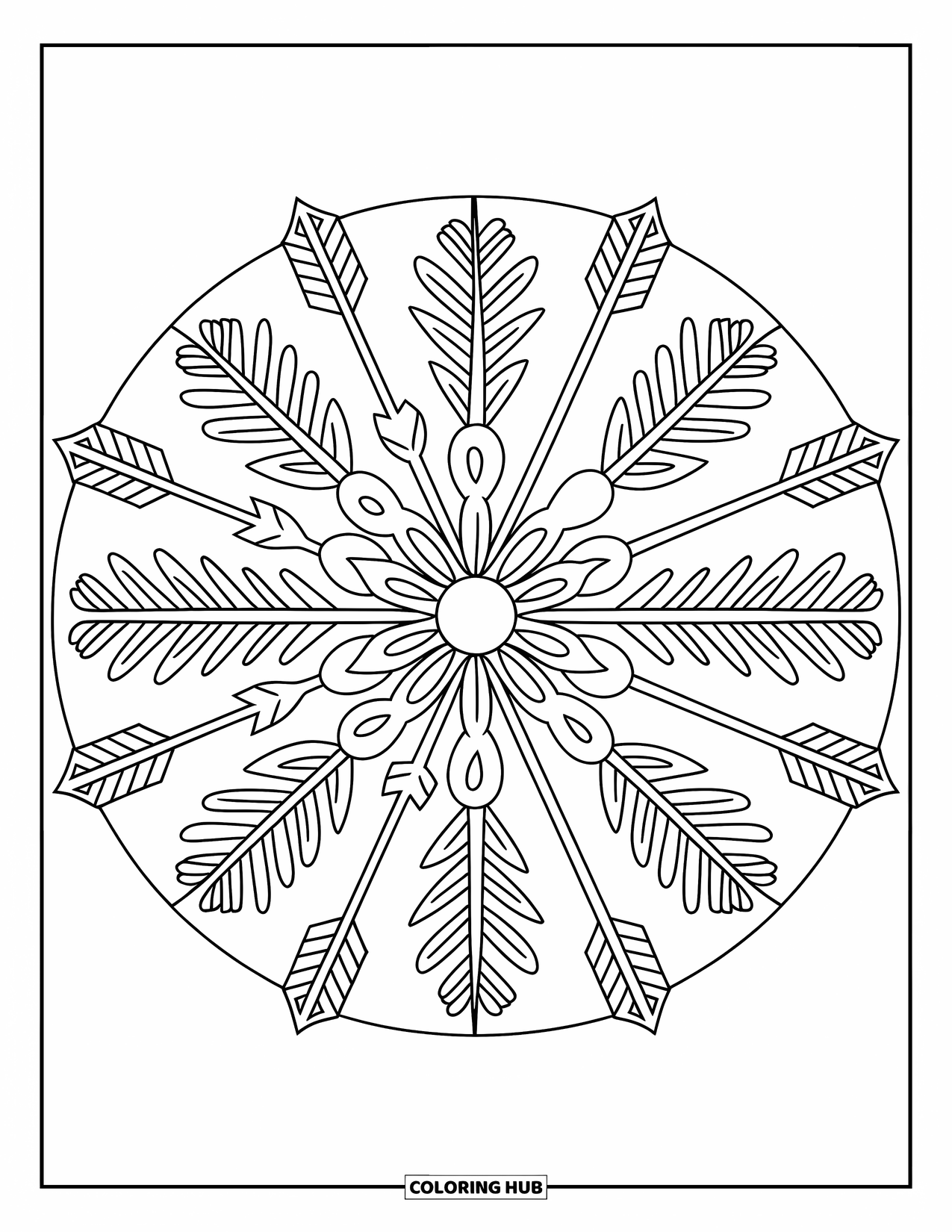 Bohemian Mandala Coloring Page for Adults: A round design with boho-style floral motifs and tribal arrows