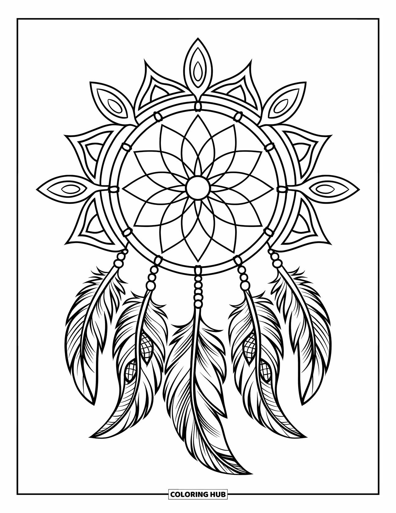 Bohemian Mandala Coloring Page for Adults: A symmetrical dreamcatcher with tribal mandala symbols and flowing feathers