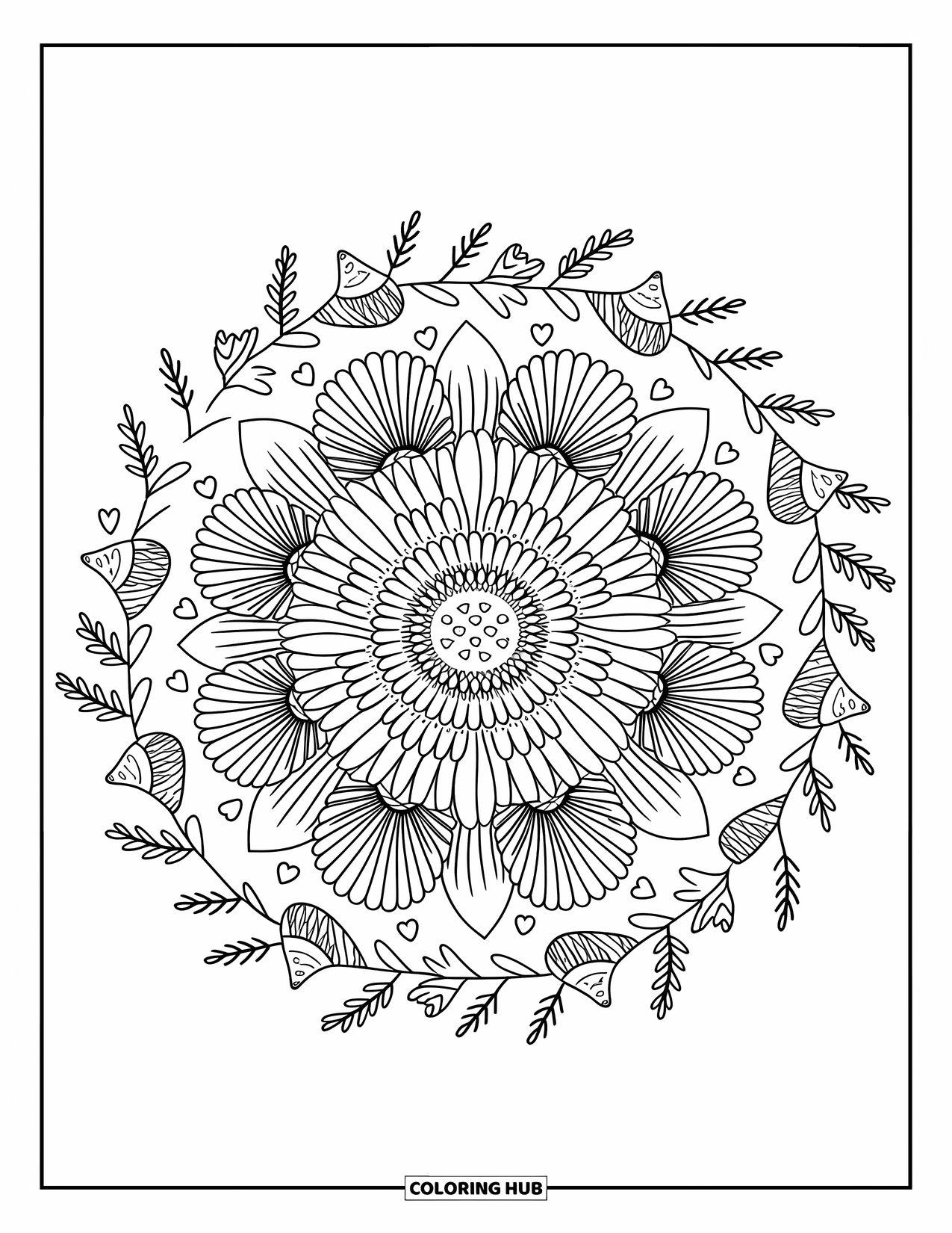Bohemian Mandala Coloring Page for Adults: Bursting floral mandala with cute twigs, hearts, and cozy outlines