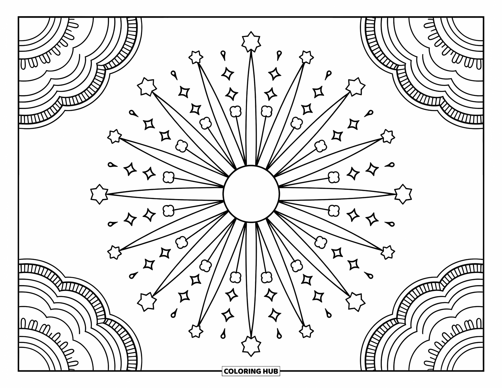 Bohemian Mandala Coloring Page for Adults: Celestial mandala with sleepy moons, sparkly stars, and cute mini doodles