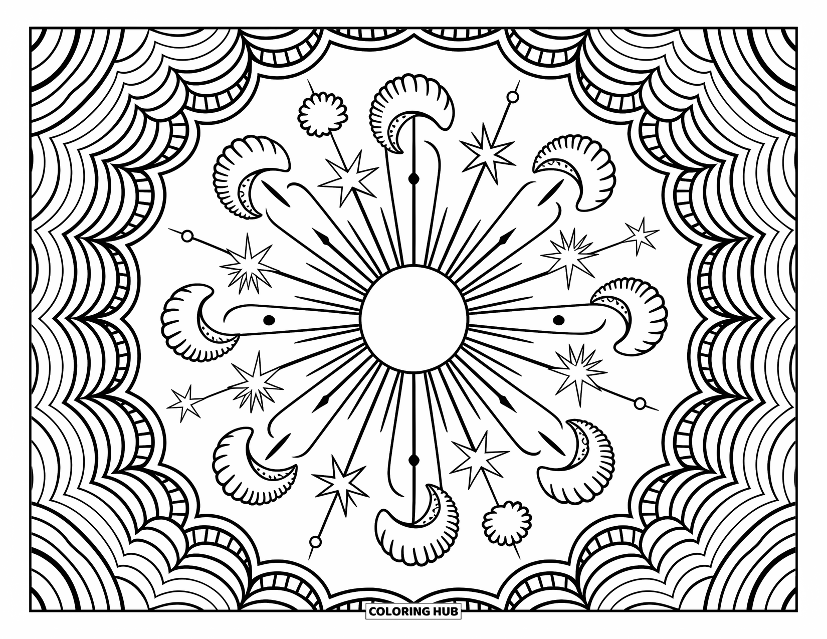 Bohemian Mandala Coloring Page for Adults: Celestial mandala with sunburst beams, stars, moons, and spirals