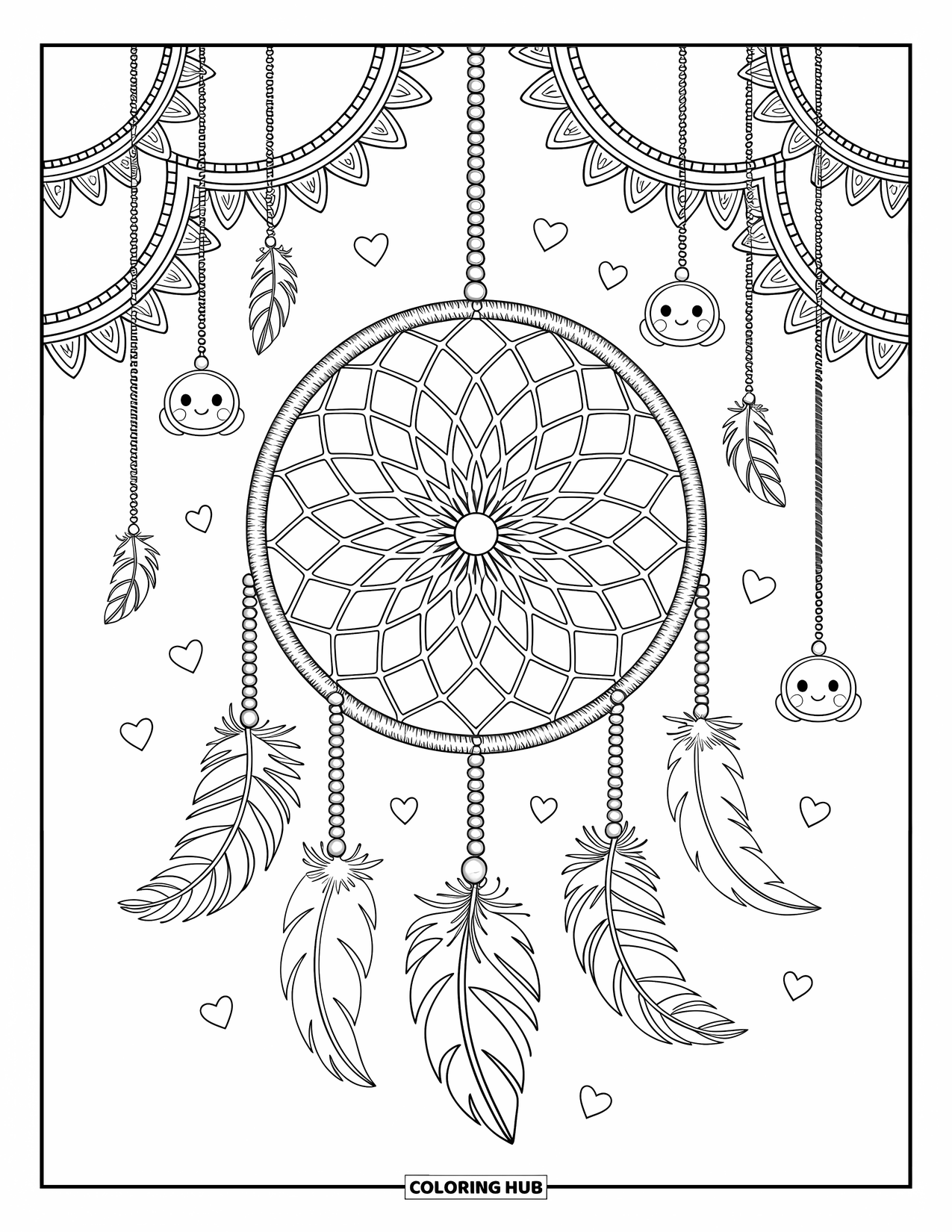 Bohemian Mandala Coloring Page for Adults: Mandala dreamcatcher with beads, lace arches, and adorable details