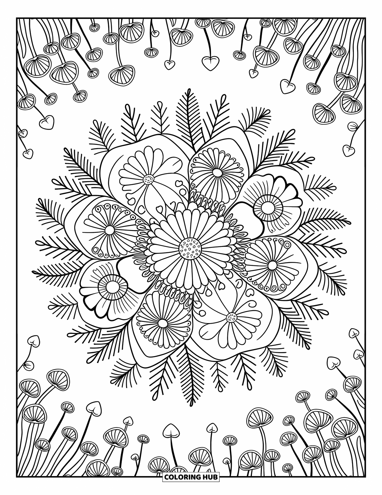 Bohemian Mandala Coloring Page for Adults: Mandala of sunflowers, leaves, hearts, and whimsical mushrooms