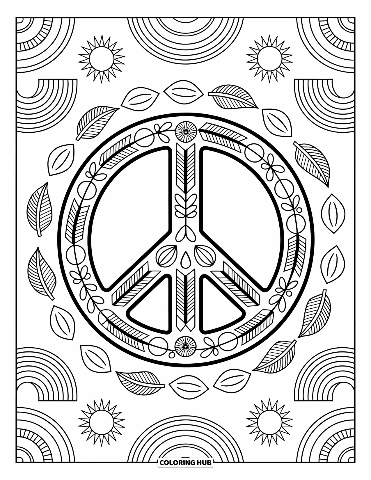 Bohemian Mandala Coloring Page for Adults: Peace-sign mandala with arrowheads, shells, suns, and rainbows