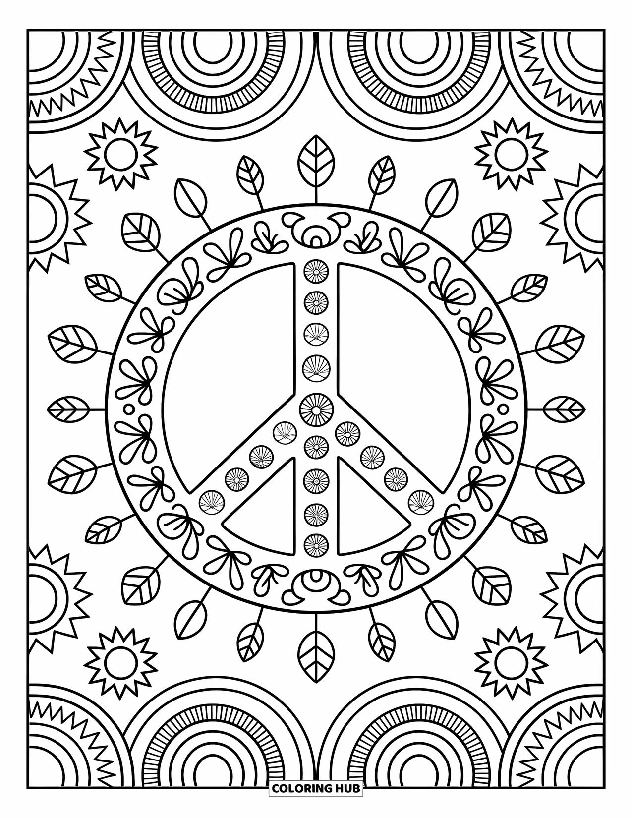 Bohemian Mandala Coloring Page for Adults: Playful peace-sign mandala with rainbows, fronds, and cozy details