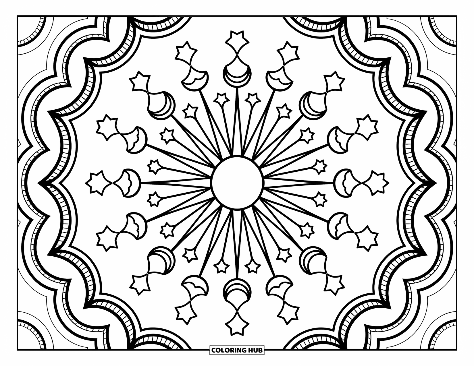 Bohemian Mandala Coloring Page for Adults: Radiant sunburst mandala with clouds, stars, and dreamy kawaii touches
