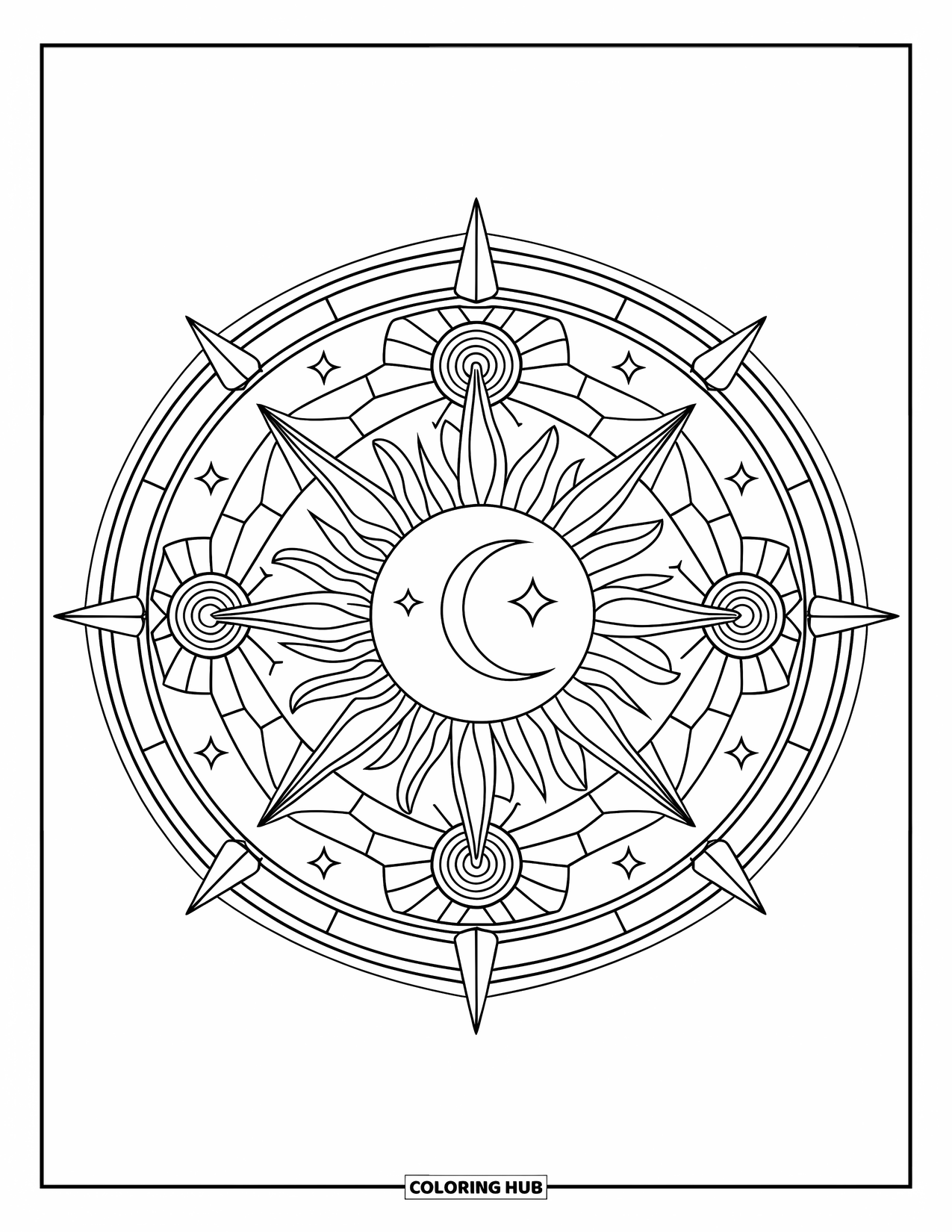Bohemian Mandala Coloring Page for Kids: A boho mandala of the sun, moon, stars, and cosmic swirls