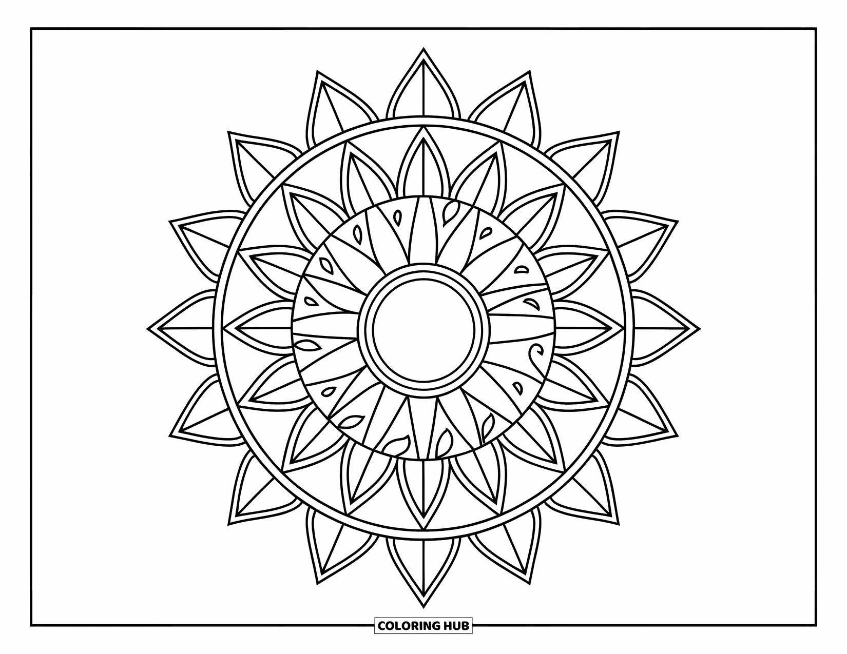 Bohemian Mandala Coloring Page for Kids: A boho sun with patterned rays and a ring of triangles
