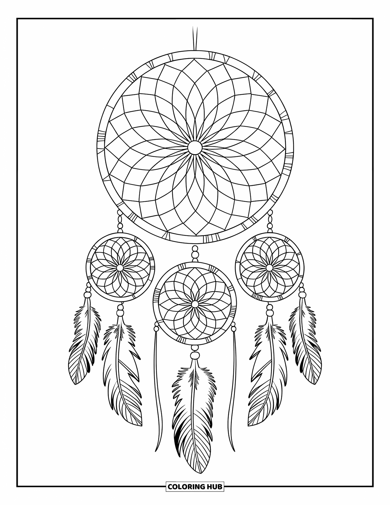 Bohemian Mandala Coloring Page for Kids: A bold dreamcatcher with feathers and layered mandala details