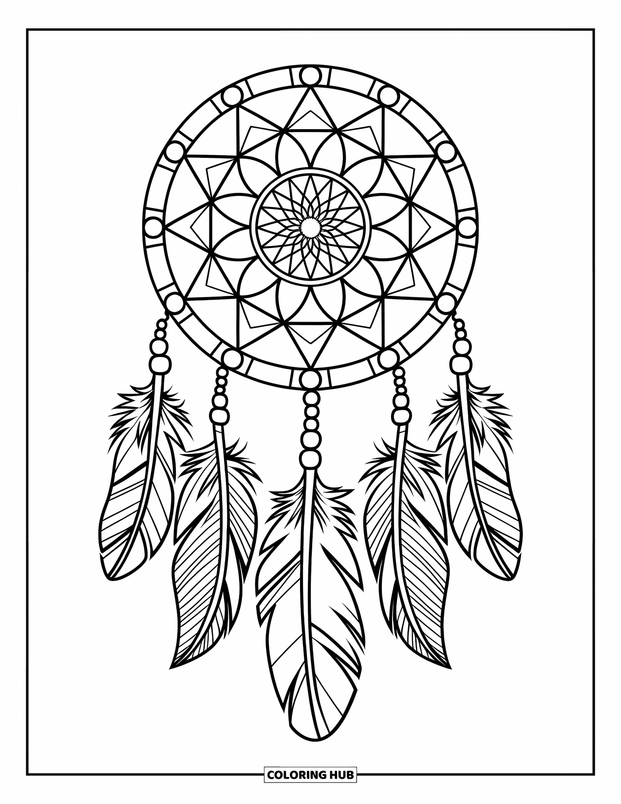Bohemian Mandala Coloring Page for Kids: A bold mandala dreamcatcher with hanging feathers and simple beads