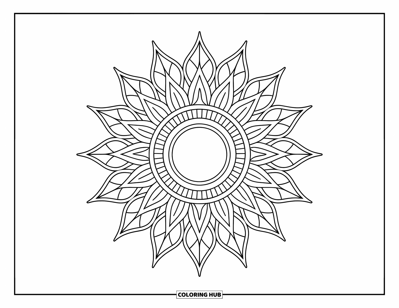 Bohemian Mandala Coloring Page for Kids: A bold sun mandala with leafy rays and concentric patterns