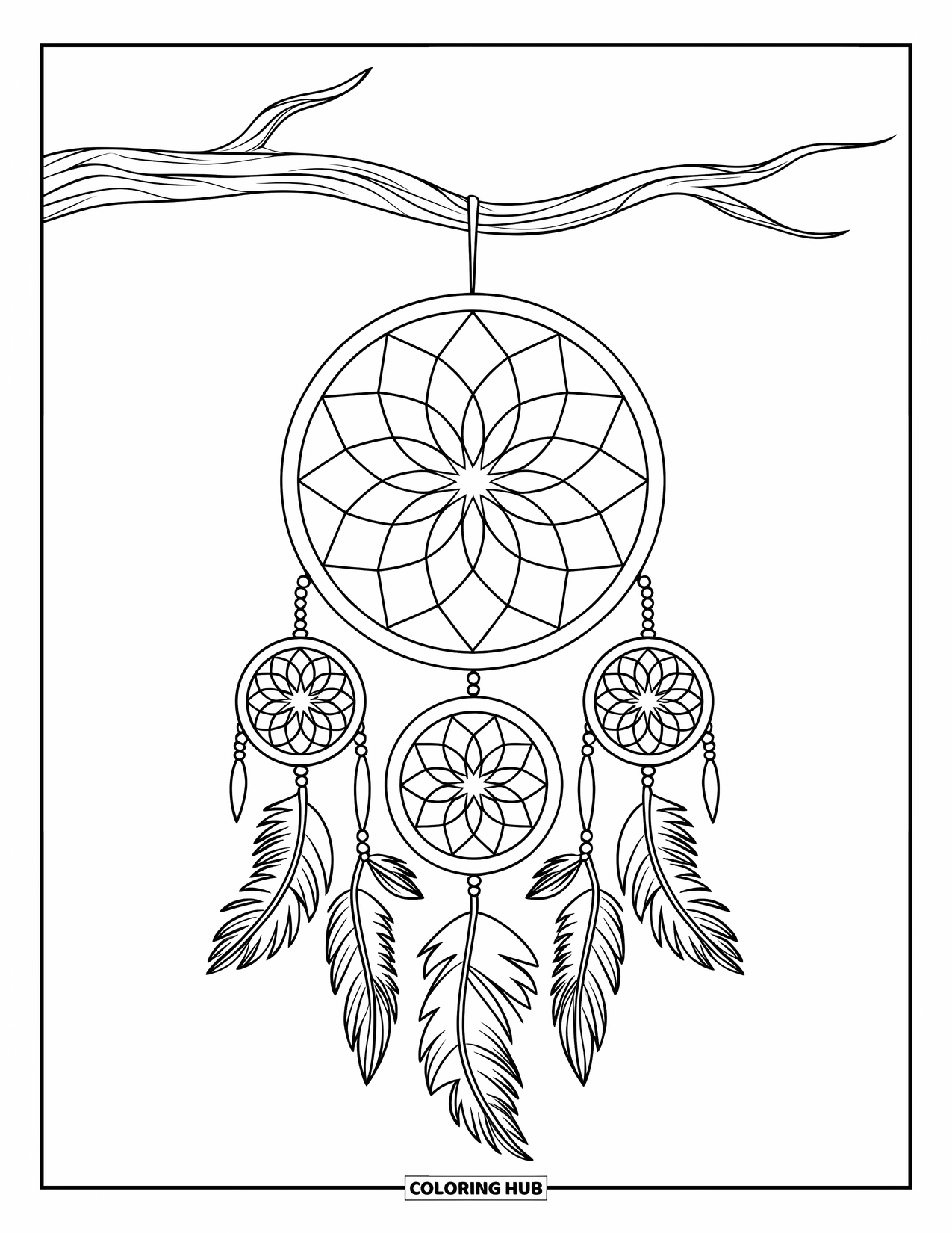 Bohemian Mandala Coloring Page for Kids: A branch-hung dreamcatcher with mandala rings and simple feathers