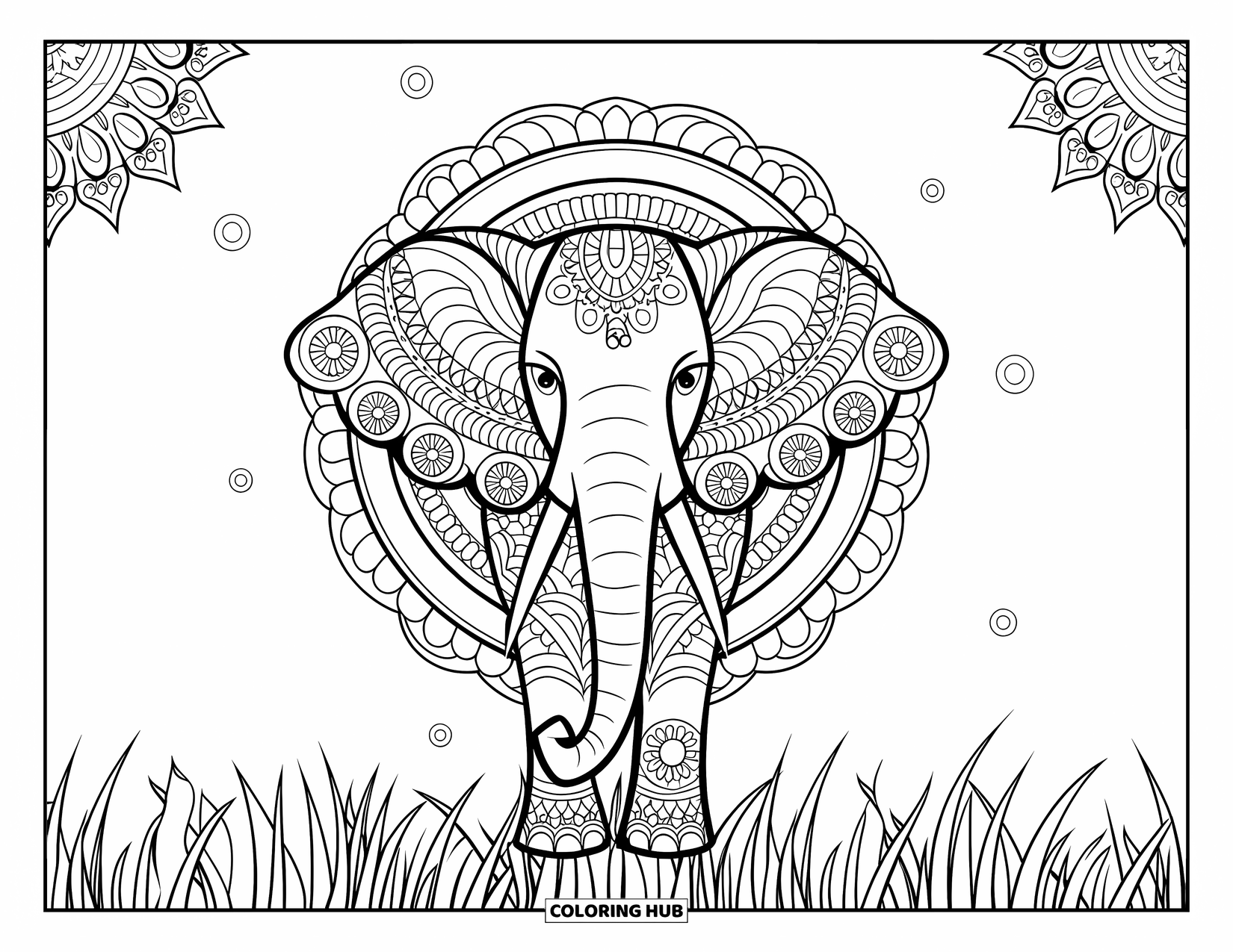 Bohemian Mandala Coloring Page for Kids: A calm elephant with decorative ears and soft mandala shapes