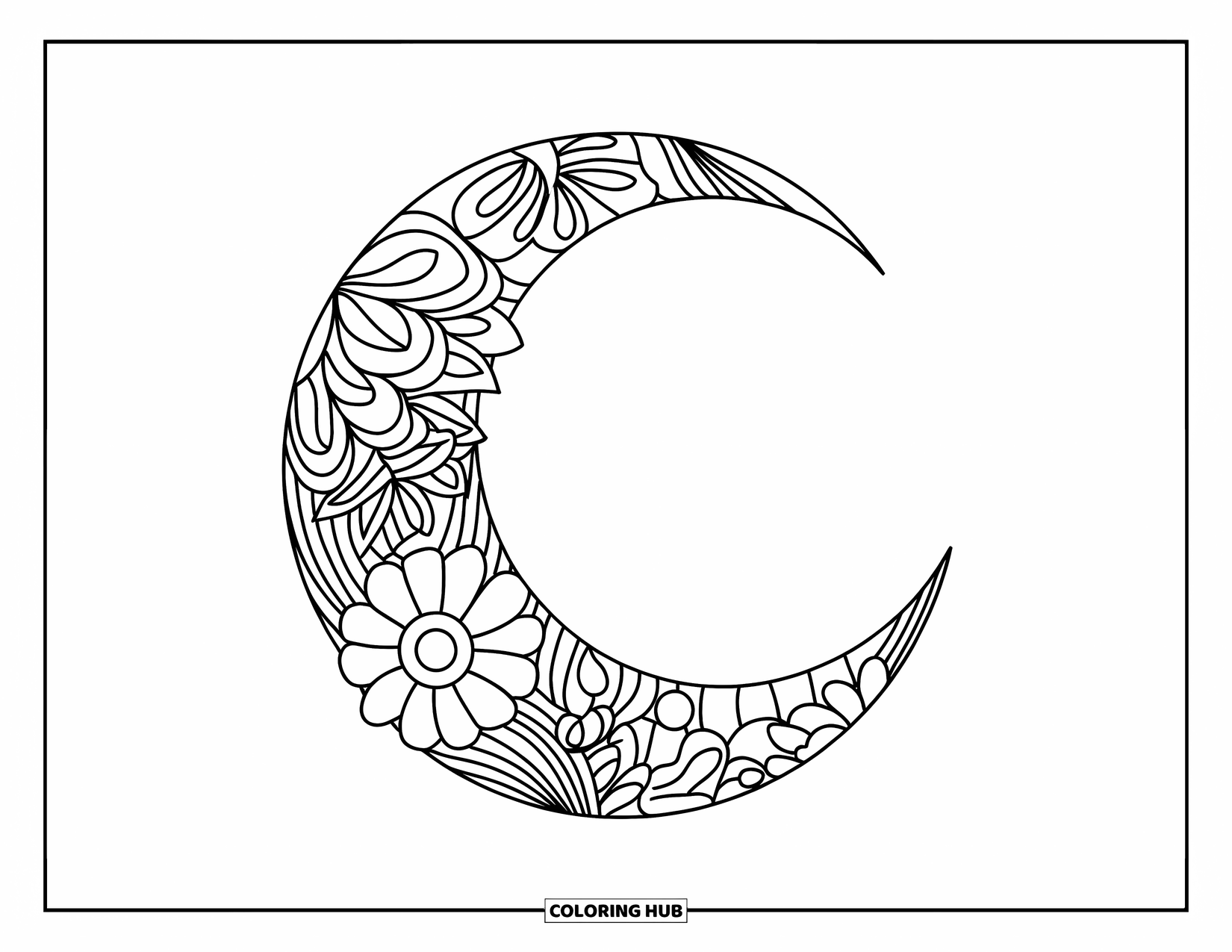 Bohemian Mandala Coloring Page for Kids: A cheerful crescent moon with curved floral patterns