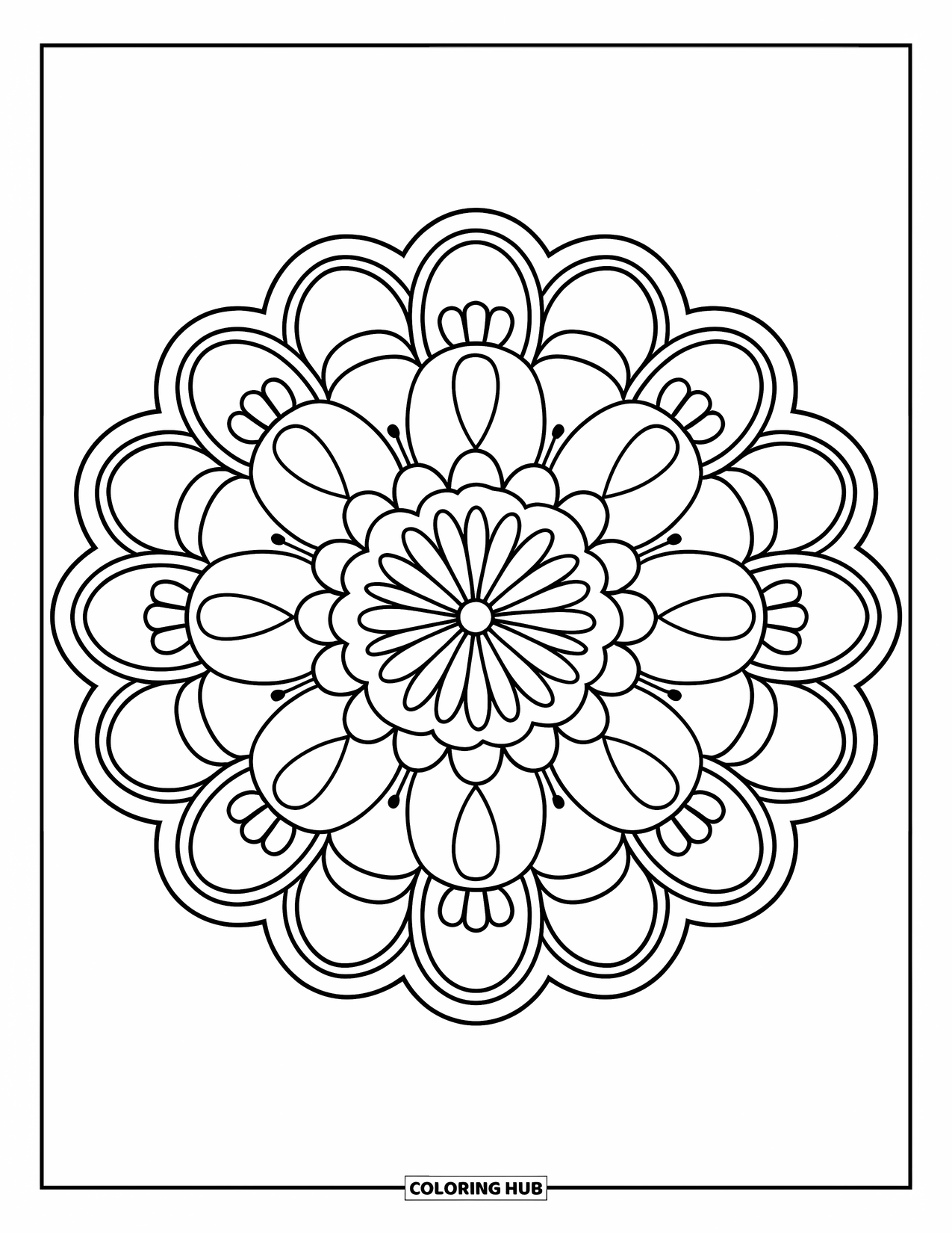 Bohemian Mandala Coloring Page for Kids: A chunky petal mandala with dotted boho details