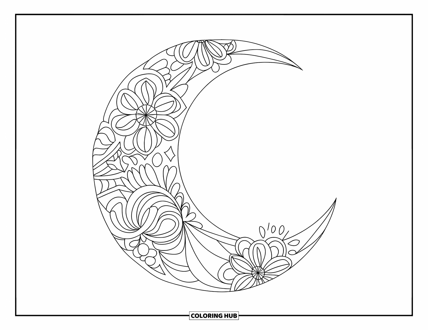 Bohemian Mandala Coloring Page for Kids: A crescent moon filled with bold floral swirls and curves