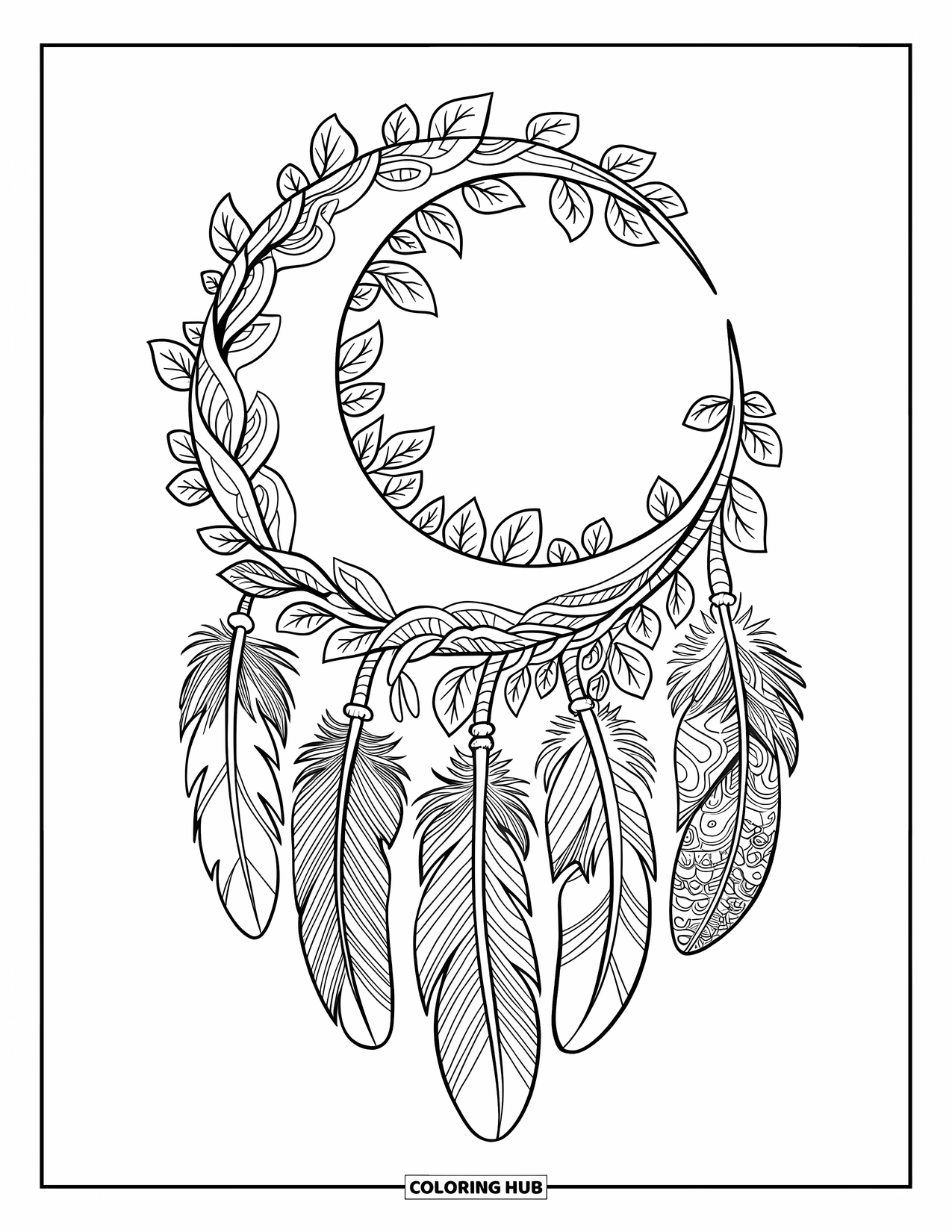 Bohemian Mandala Coloring Page for Kids: A crescent moon wrapped in feathers and floral vines