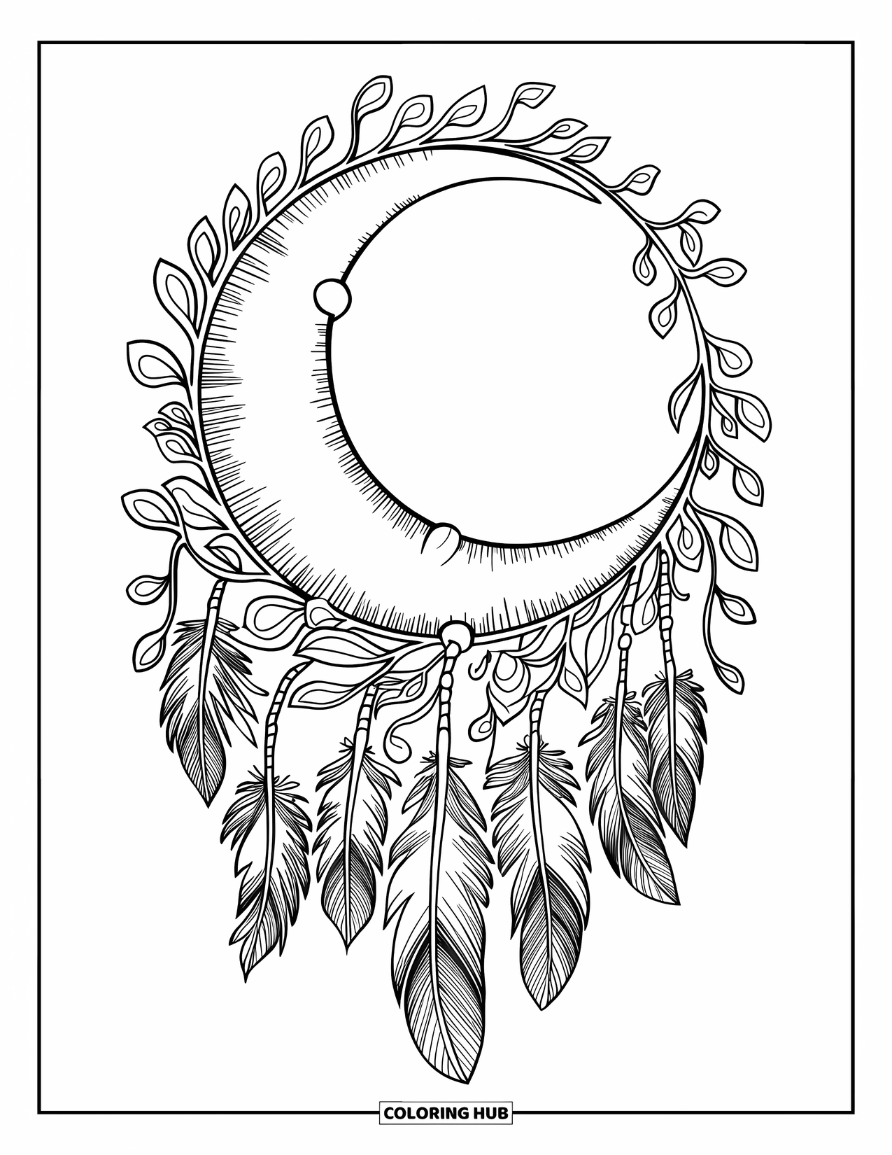 Bohemian Mandala Coloring Page for Kids: A crescent moon wrapped in vines and feathers with a patterned halo