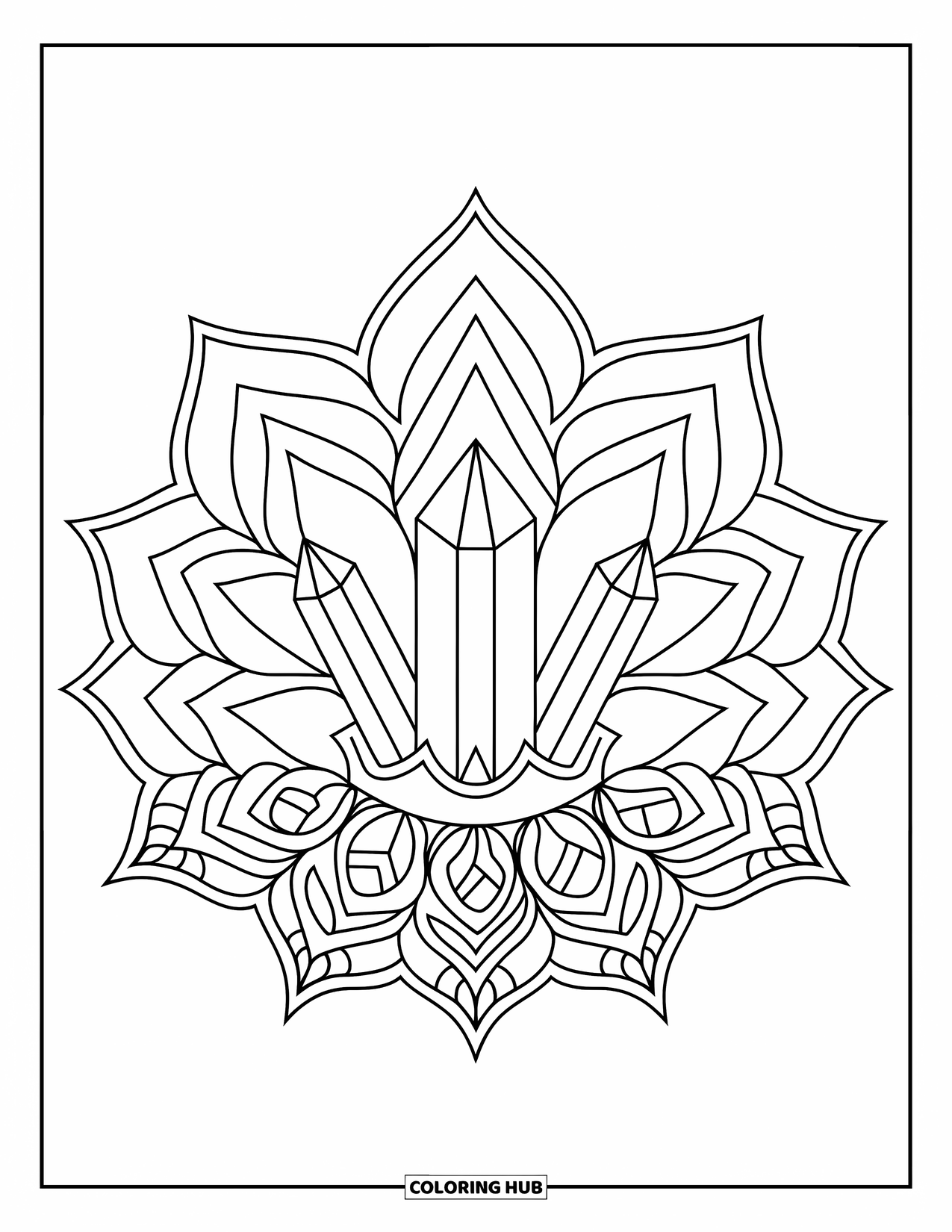 Bohemian Mandala Coloring Page for Kids: A crystal cluster sits at the center of expanding mandala layers