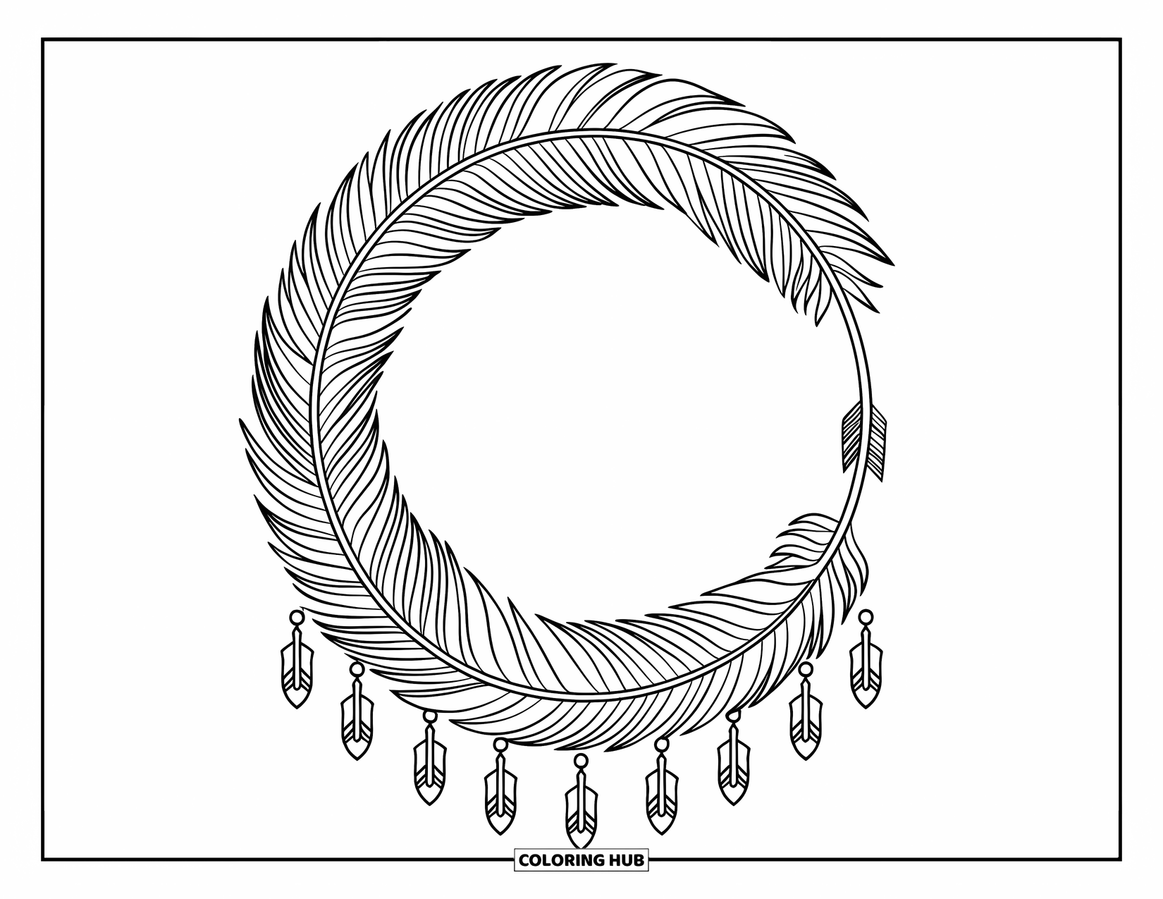 Bohemian Mandala Coloring Page for Kids: A detailed feather ring mandala with bold lines and arrow charms