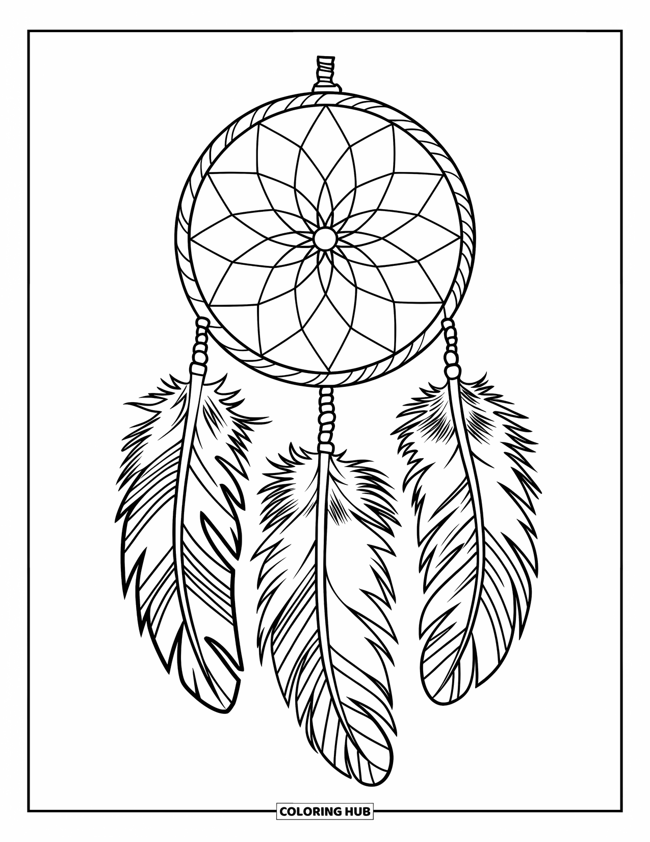 Bohemian Mandala Coloring Page for Kids: A dreamcatcher with three bold feathers and a woven web
