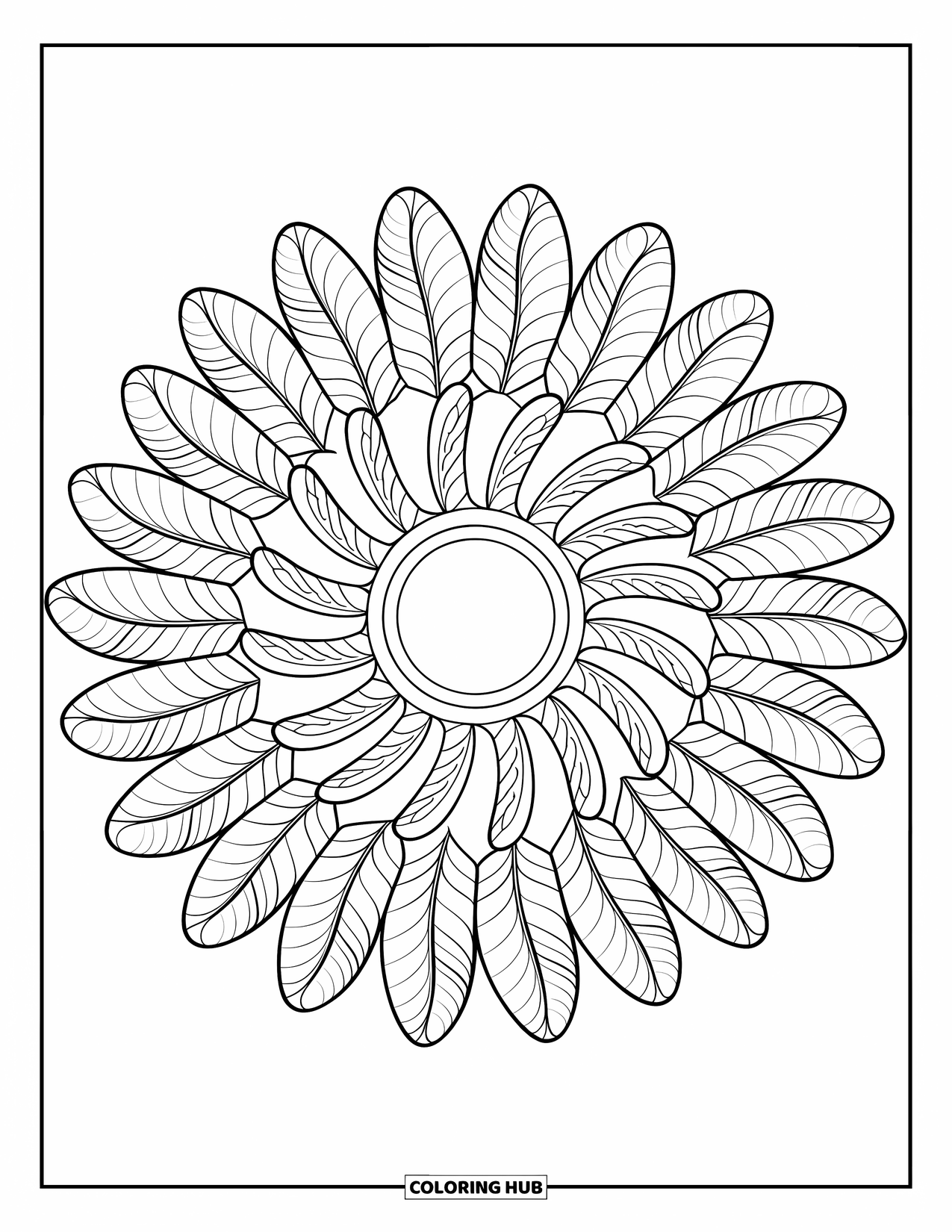 Bohemian Mandala Coloring Page for Kids: A feather mandala with bold lines and varied feather sizes