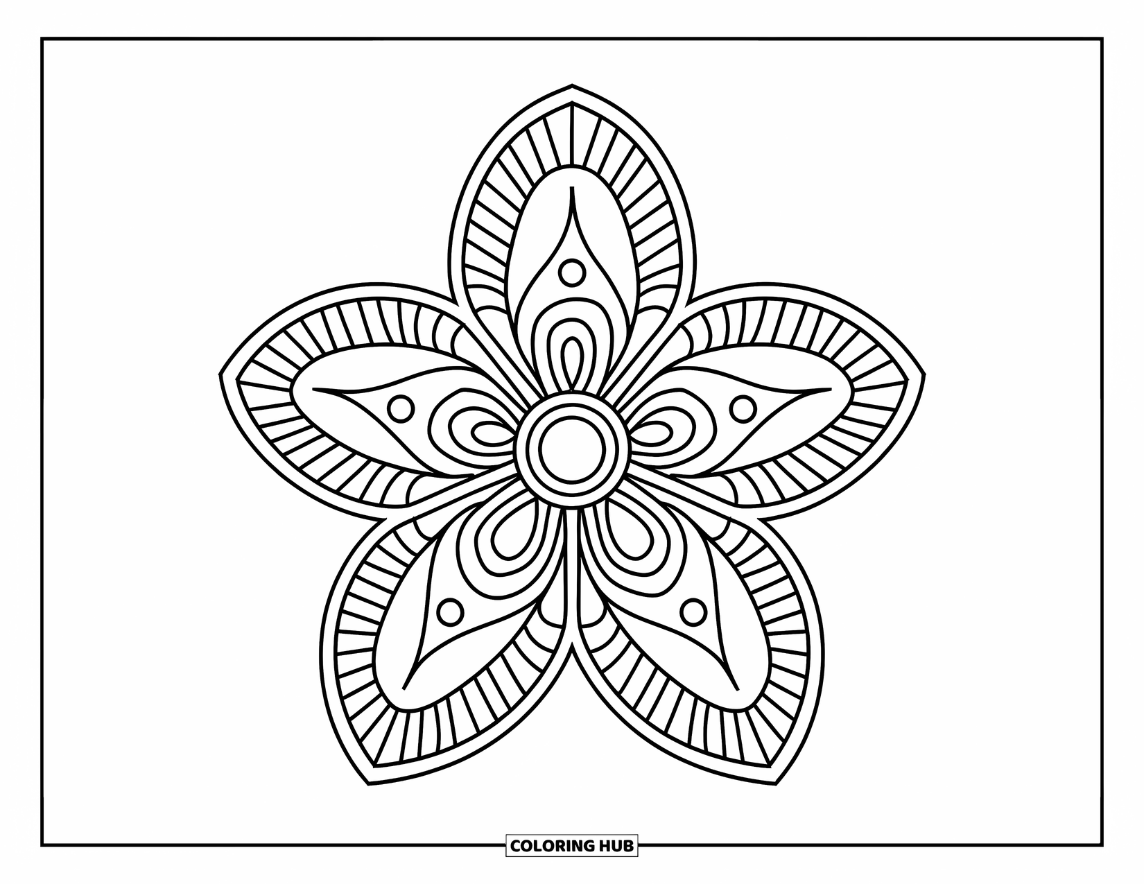 Bohemian Mandala Coloring Page for Kids: A flower mandala with detailed petals and a central dot