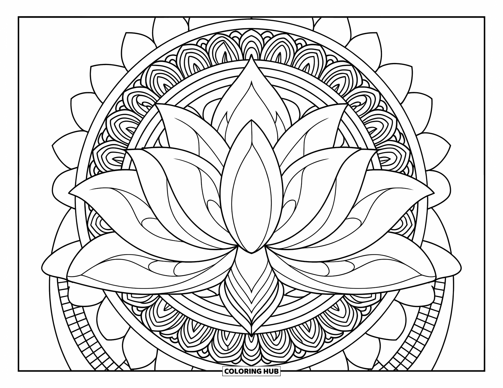 Bohemian Mandala Coloring Page for Kids: A large lotus surrounded by mandala layers of lines and shapes