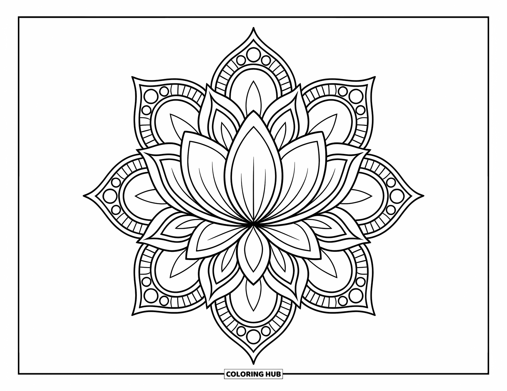 Bohemian Mandala Coloring Page for Kids: A lotus center with patterned petals and growing mandala rings