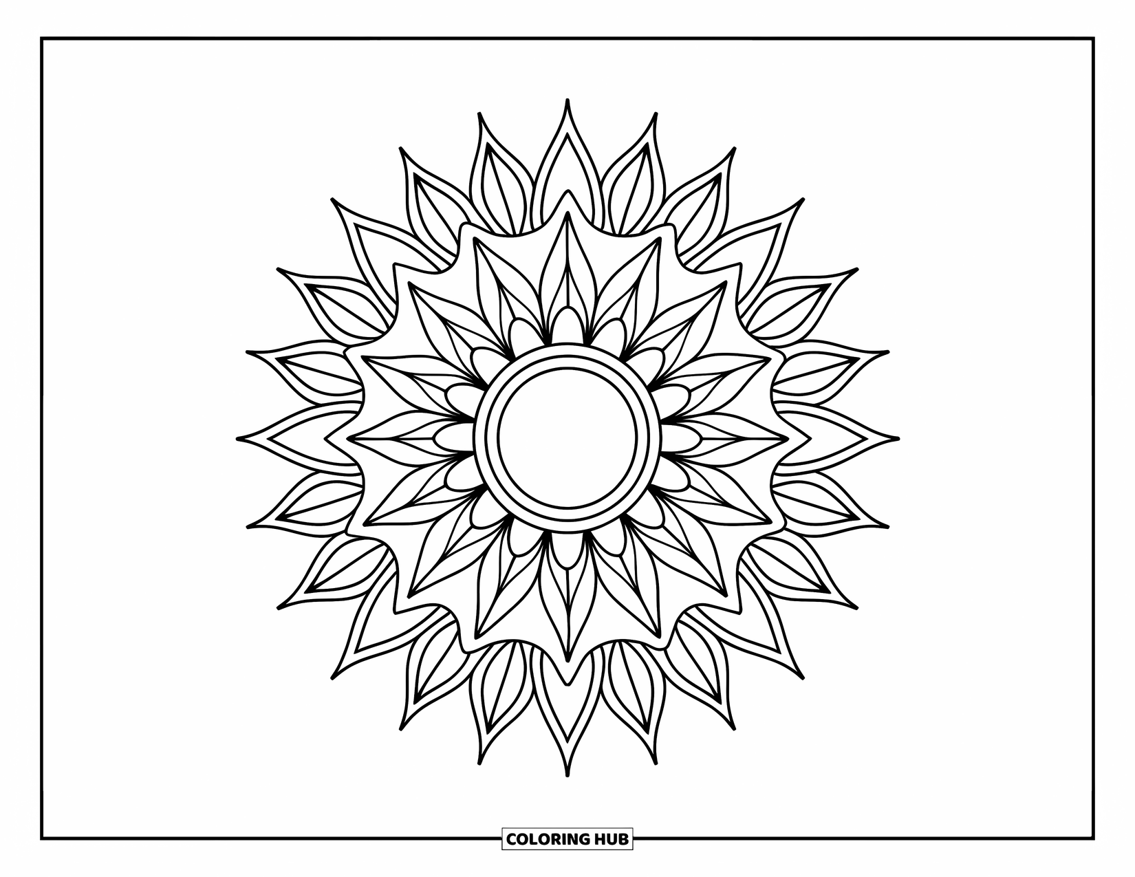 Bohemian Mandala Coloring Page for Kids: A modern sun mandala with triangle beams and swirling leaf details