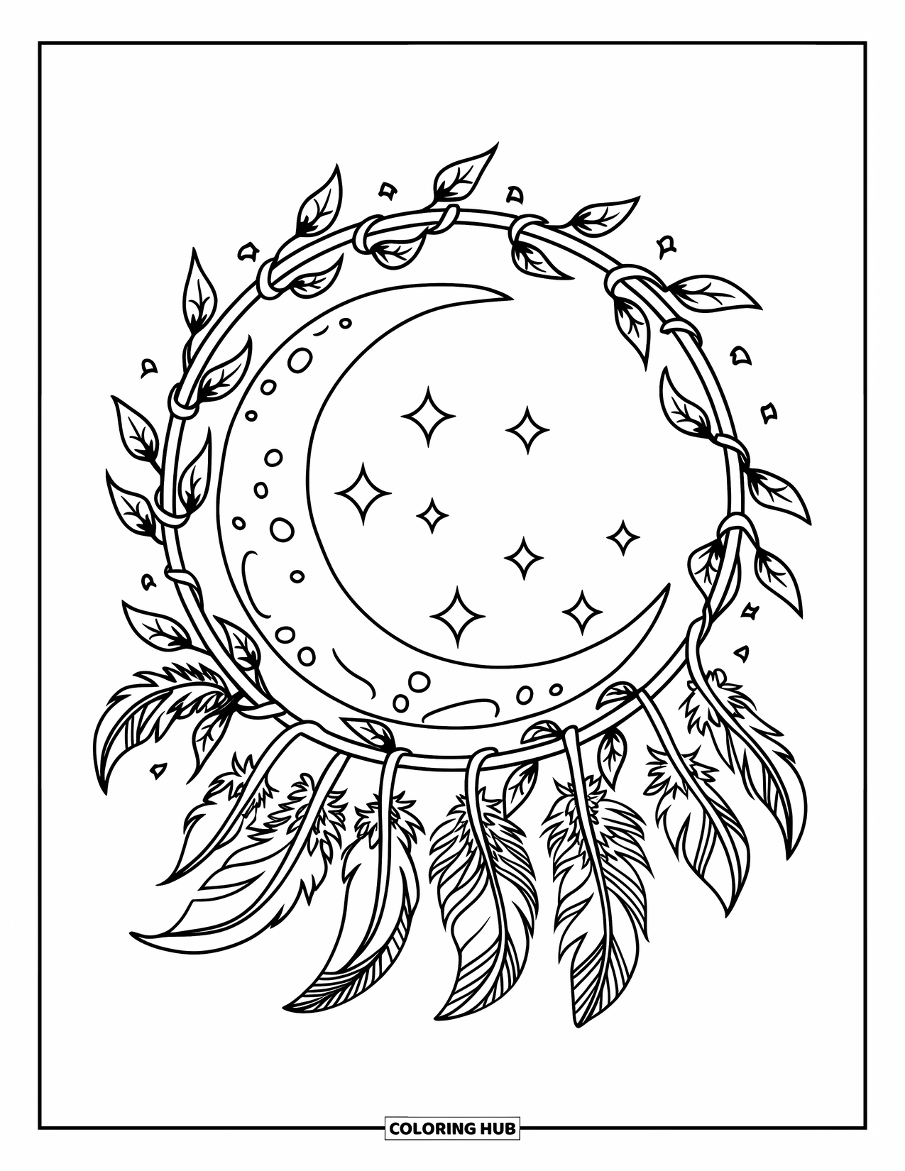 Bohemian Mandala Coloring Page for Kids: A moon haloed by flowers, leaves, and soft hanging feathers