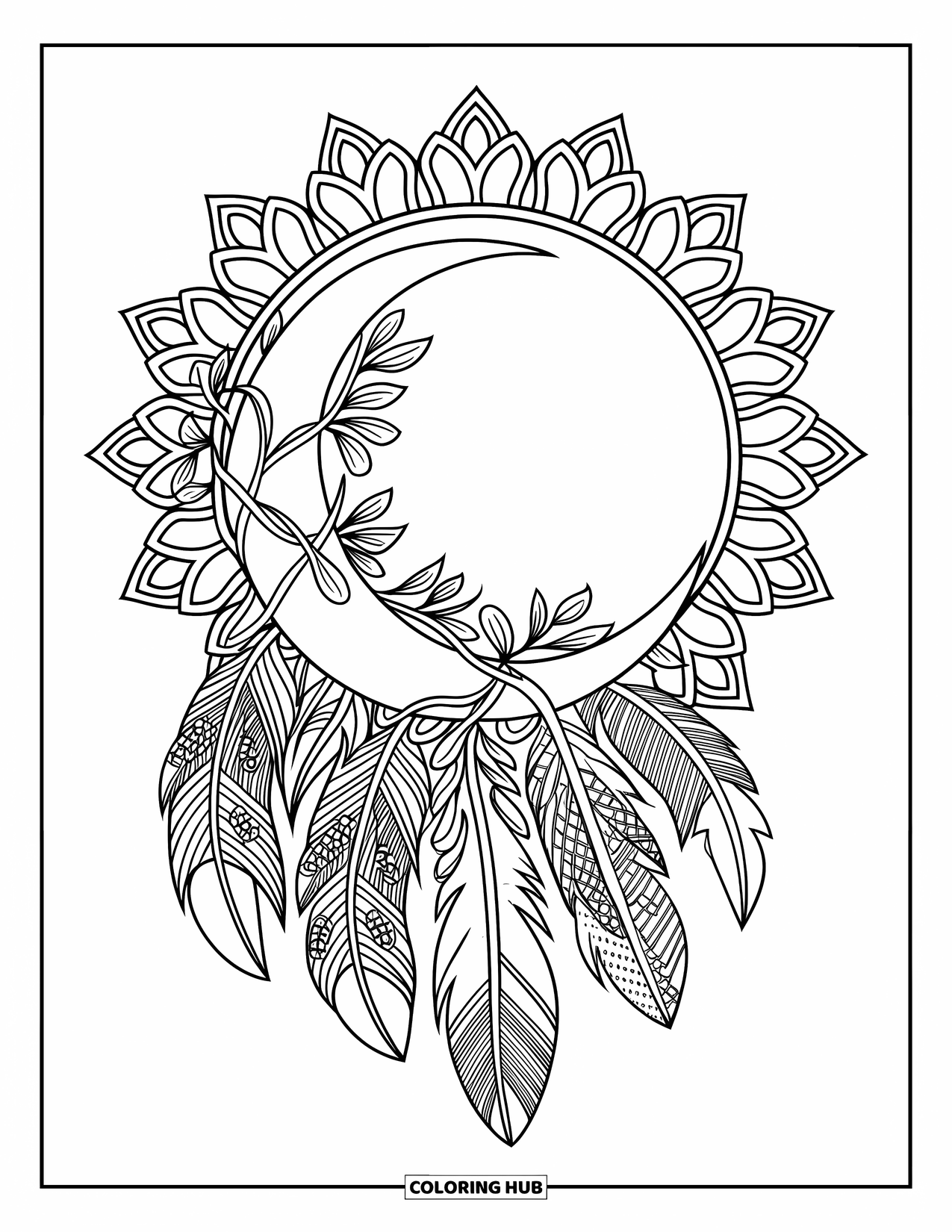 Bohemian Mandala Coloring Page for Kids: A moon with leafy vines and feathers in a mandala-style halo