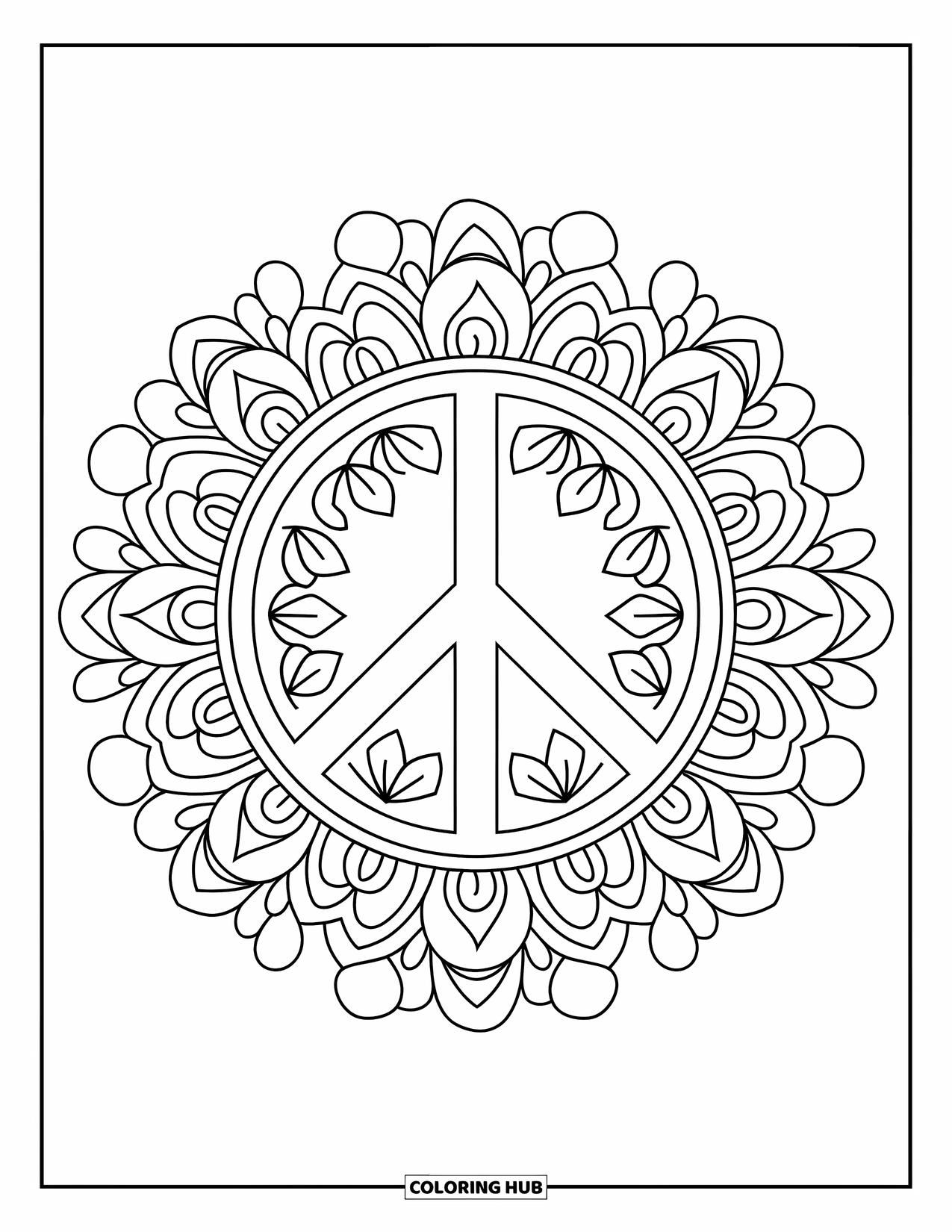 Bohemian Mandala Coloring Page for Kids: A peace sign surrounded by sunburst rays and floral mandalas