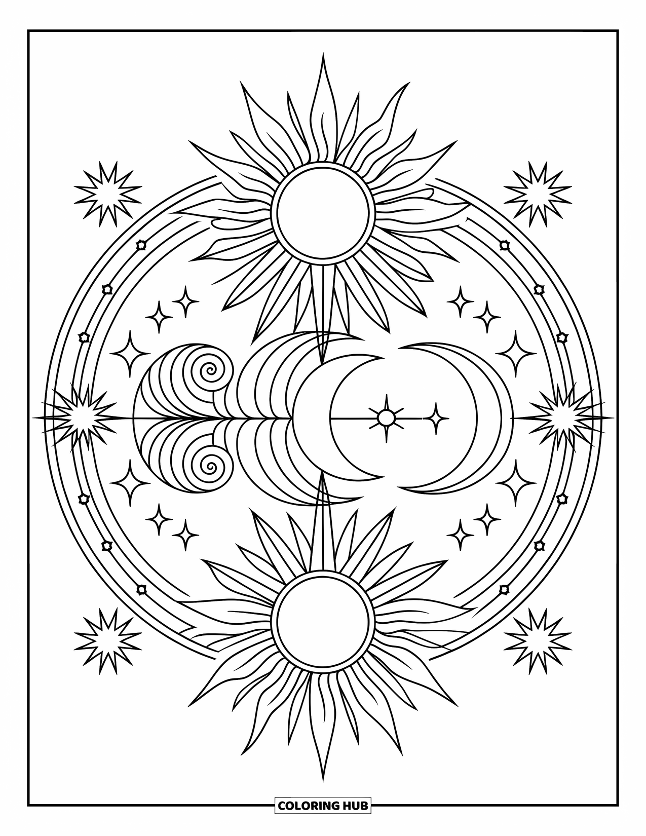 Bohemian Mandala Coloring Page for Kids: A sun and moon with stars and spirals in a bold mandala