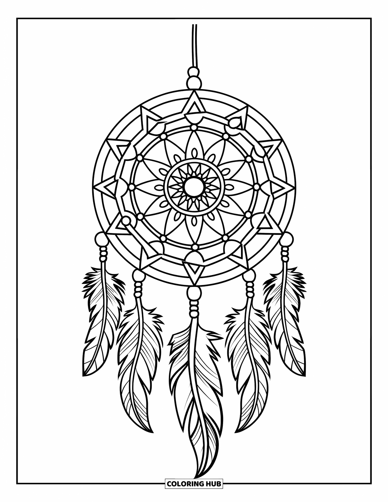 Bohemian Mandala Coloring Page for Kids: A symmetrical dreamcatcher with a mandala center and geometric beads
