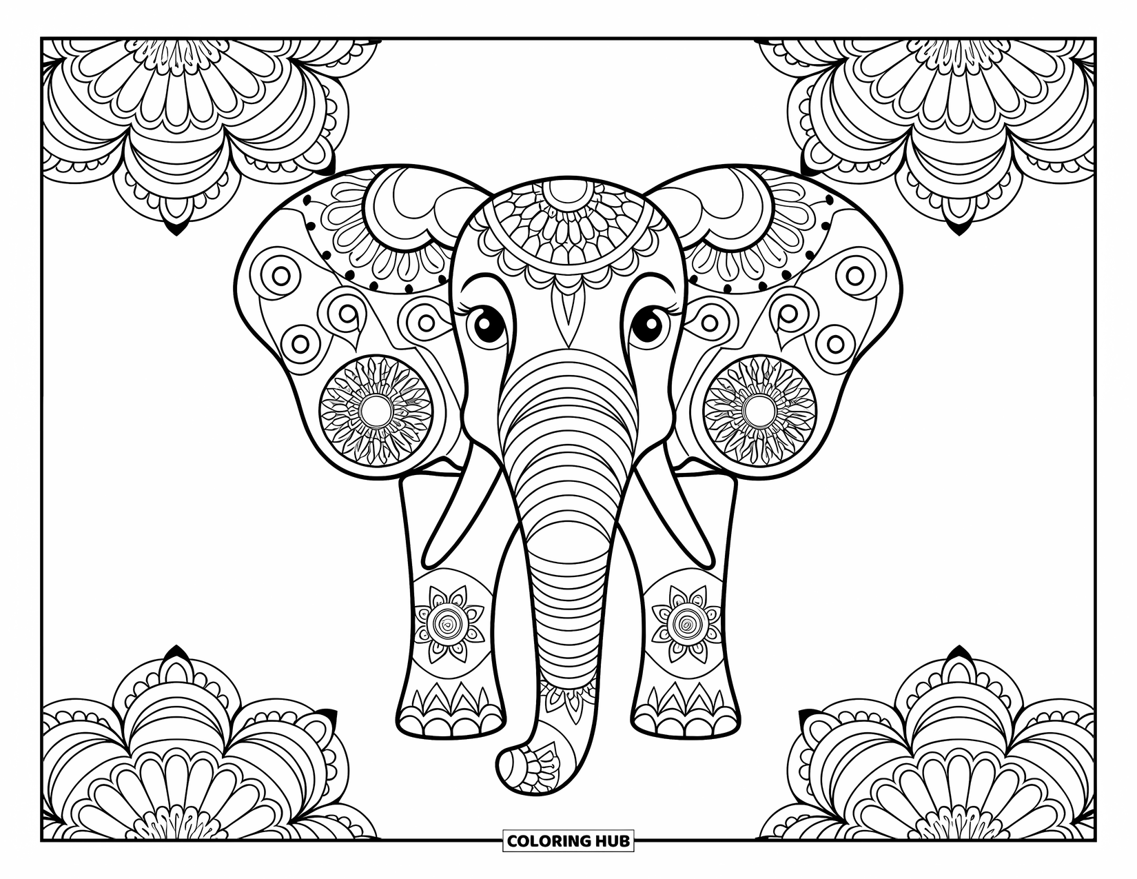 Bohemian Mandala Coloring Page for Kids: An elephant with patterned ears and mandala circles around its body