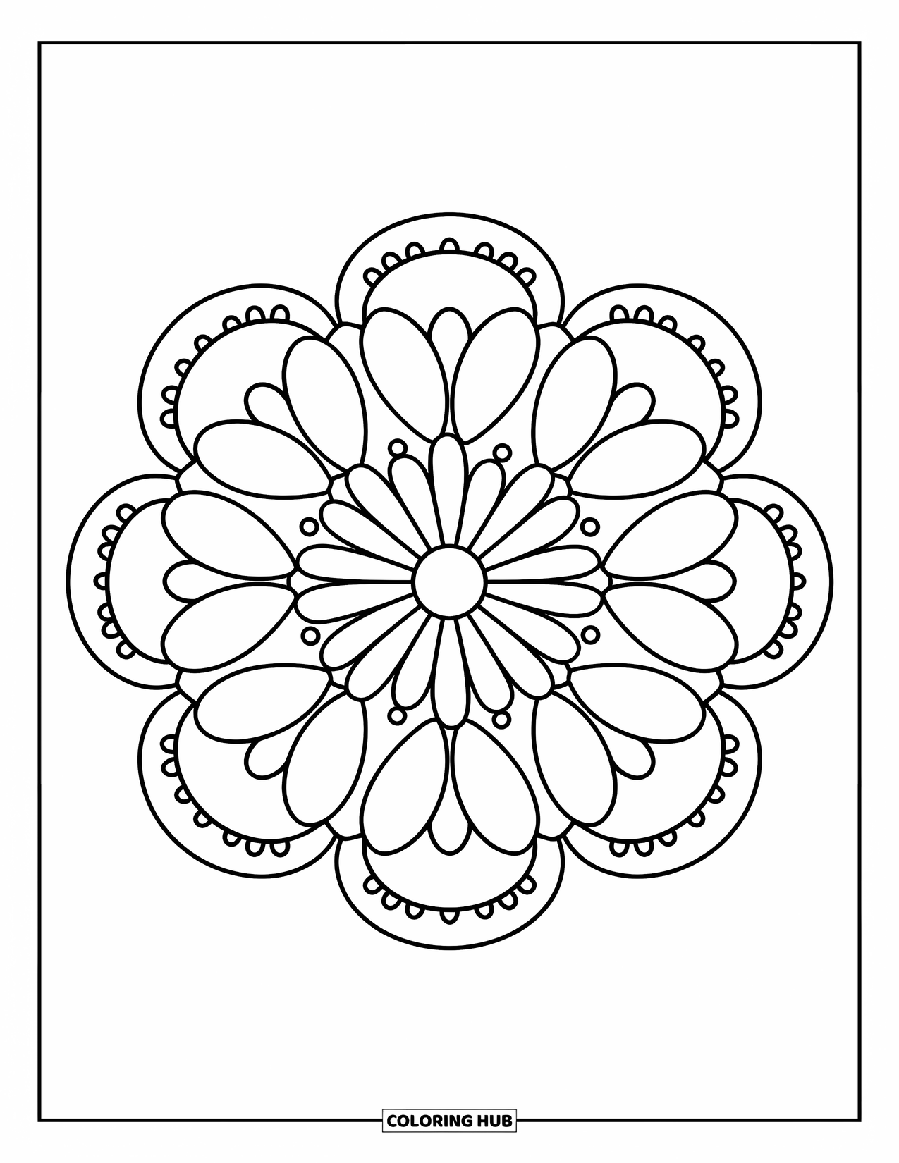 Bohemian Mandala Coloring Page for Kids: Bold flower mandala with playful petals and dot accents