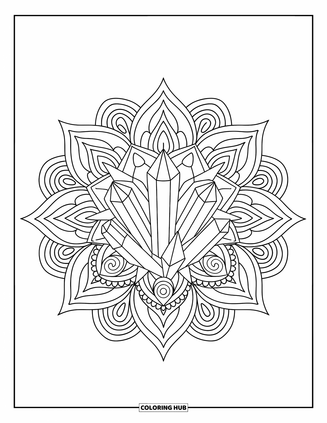 Bohemian Mandala Coloring Page for Kids: Crystals in the middle of patterned mandalas with circles and triangles