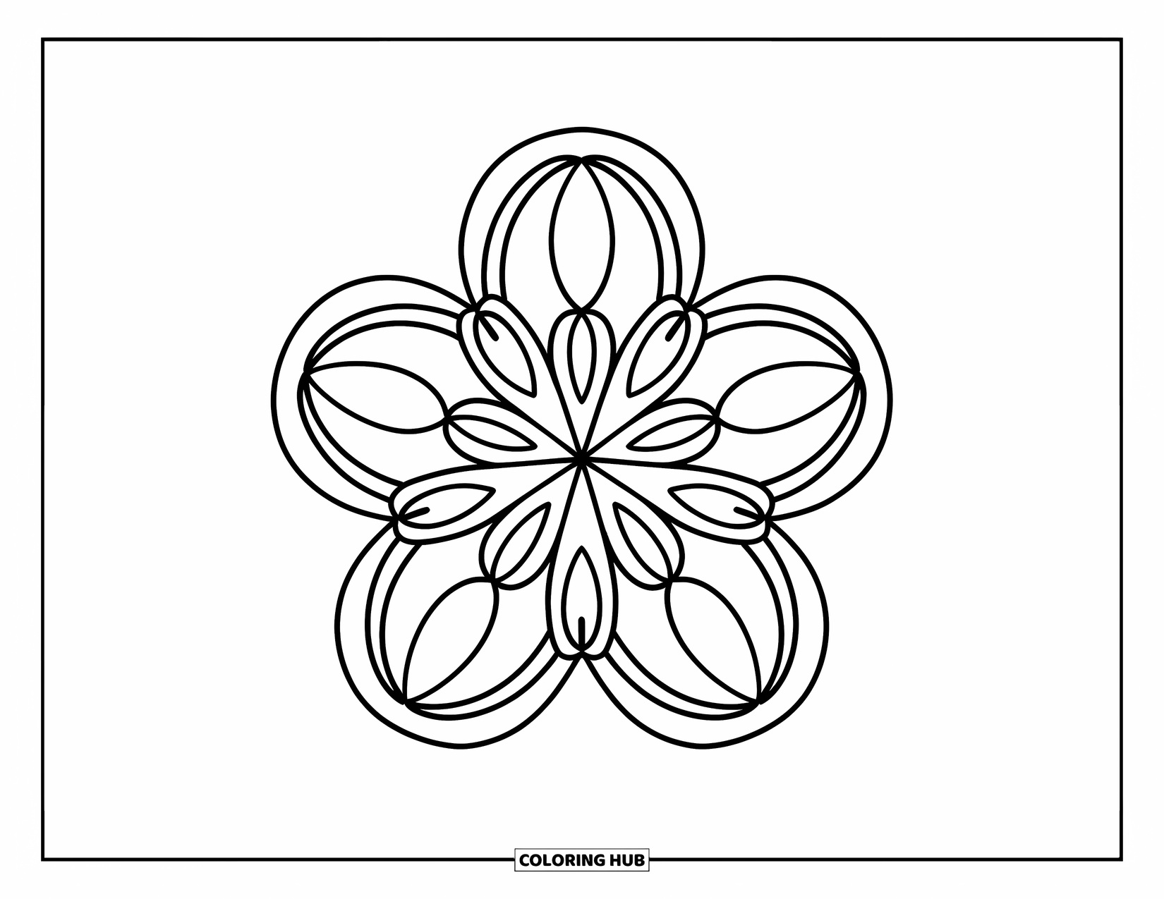 Bohemian Mandala Coloring Page for Kids: Five bold petals form a playful, simple flower mandala