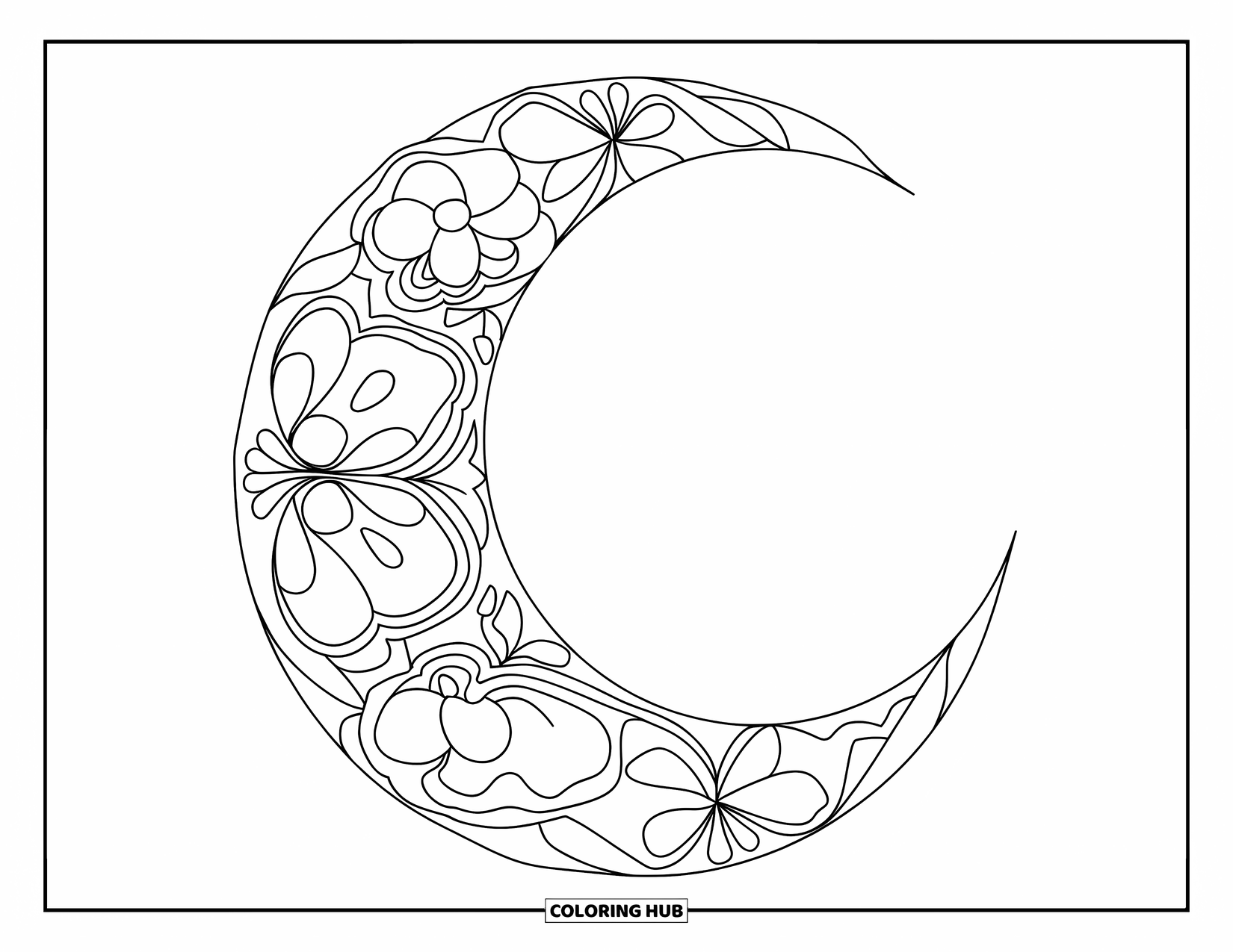 Bohemian Mandala Coloring Page for Kids: Floral designs fill a large crescent moon with soft curves