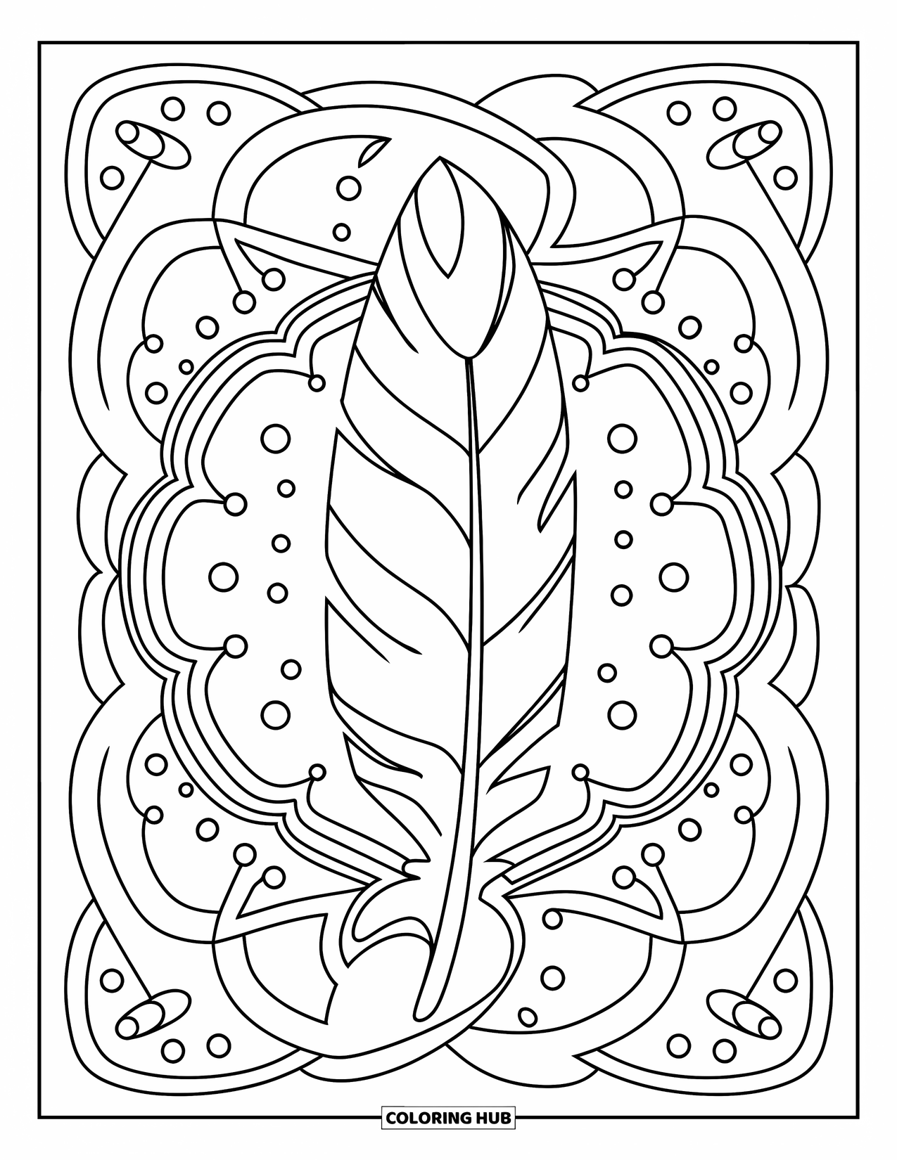 Bohemian Mandala Coloring Page for Kids: Large feather mandala with loops, dots, and cheerful shapes