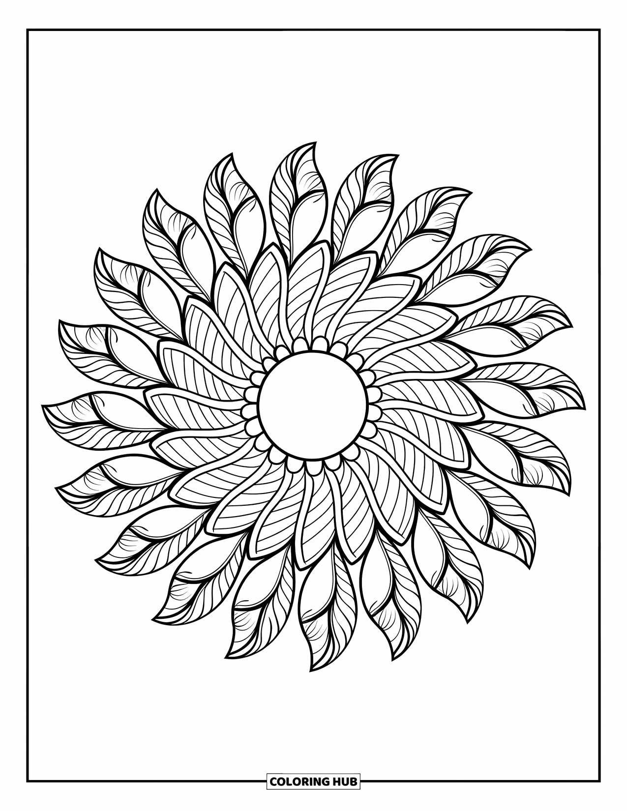 Bohemian Mandala Coloring Page for Kids: Layered feathers create a circular boho mandala design